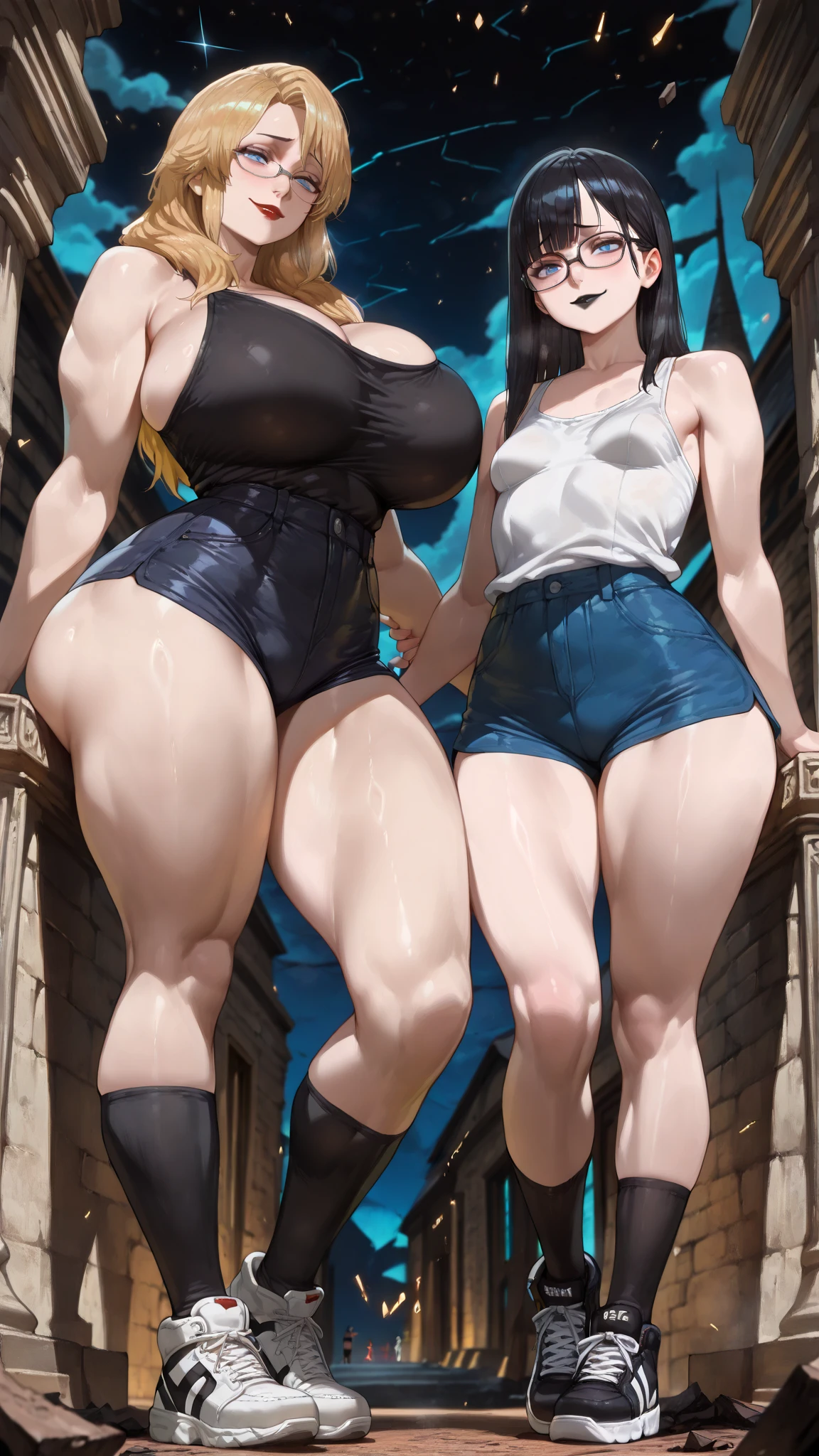 (In 4K)、(High resolution:1.2)、(High freshness:1.2)、、(Esbian all over body:1.2)、((short hair:1.2))、(Huge, perky, fake breasts:1.4)、(Two brave women with large breasts:1.6))、Skin Dance、 (Hard breasts:1.6)、(Completely naked:1.8))、(Perfect body:1.8)、(Two women running at full speed:1.8)、Wide Hips, Thick thighs, Huge Ass、Skin dents、(barefoot:1.2)、(Great abs:1.4、(Narrow waist:1.4)、(Blushing cheeks)、(I'Cumming)、(2 boys grabbing 1girl breast:1.1),2 boys,Grab your chest, girl, (Black skin:1.6)、(Skin glowing with oil)、(Coastal sand beach:1.6)、