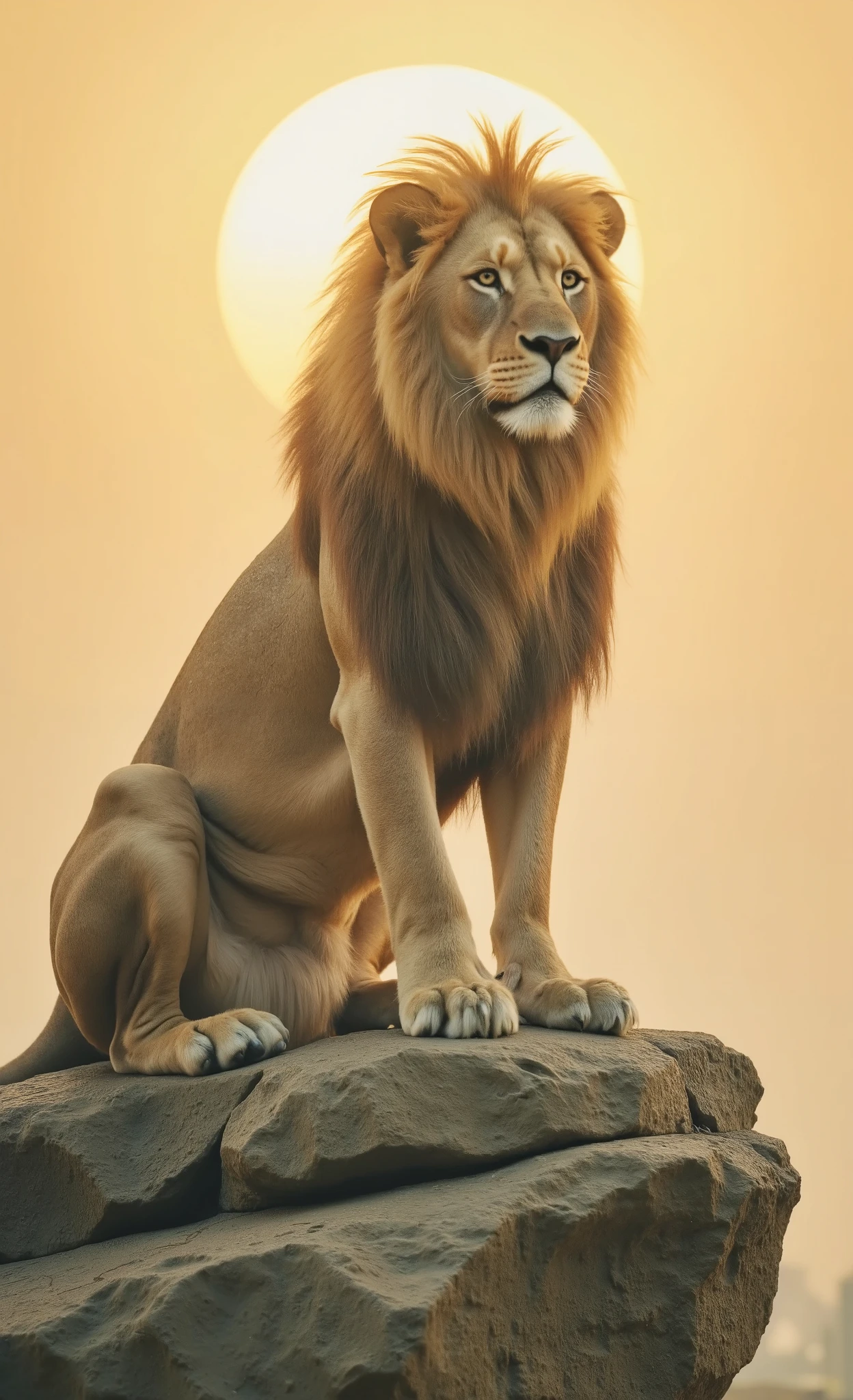 a proud lion resting on a rock under golden sunlight, soft wind through the mane, painterly look,