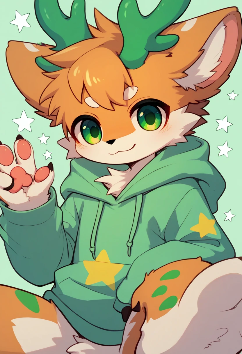 The Q version of the cute furry cat, spreading legs, showing paws, showing beans, blushed, beatiful feet, hoodie, paws, beans, white background 