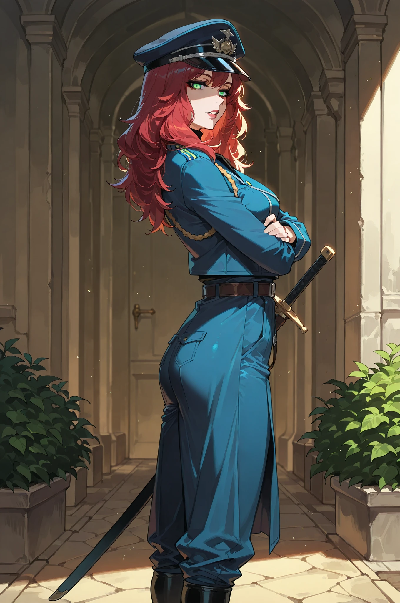 lazypos, 1girl, solo, looking at viewer, wideshot, from the side, standing, detailed eyes, looking at viewer, shadow, ligh particles, full lips, thick lips, Inspiring, arms crossed,
Devola, red hair, medium breasts, green eyes, long hair, glowing eyes, medium breasts, uniform, military, military uniform, shirt, black shirt, jacket, blue jacket, long sleeves, aiguillette, pants, blue pants, boots, black footwear, dark blue military hat, greek garden background, leather belt with sheathed sword, riza outfit,