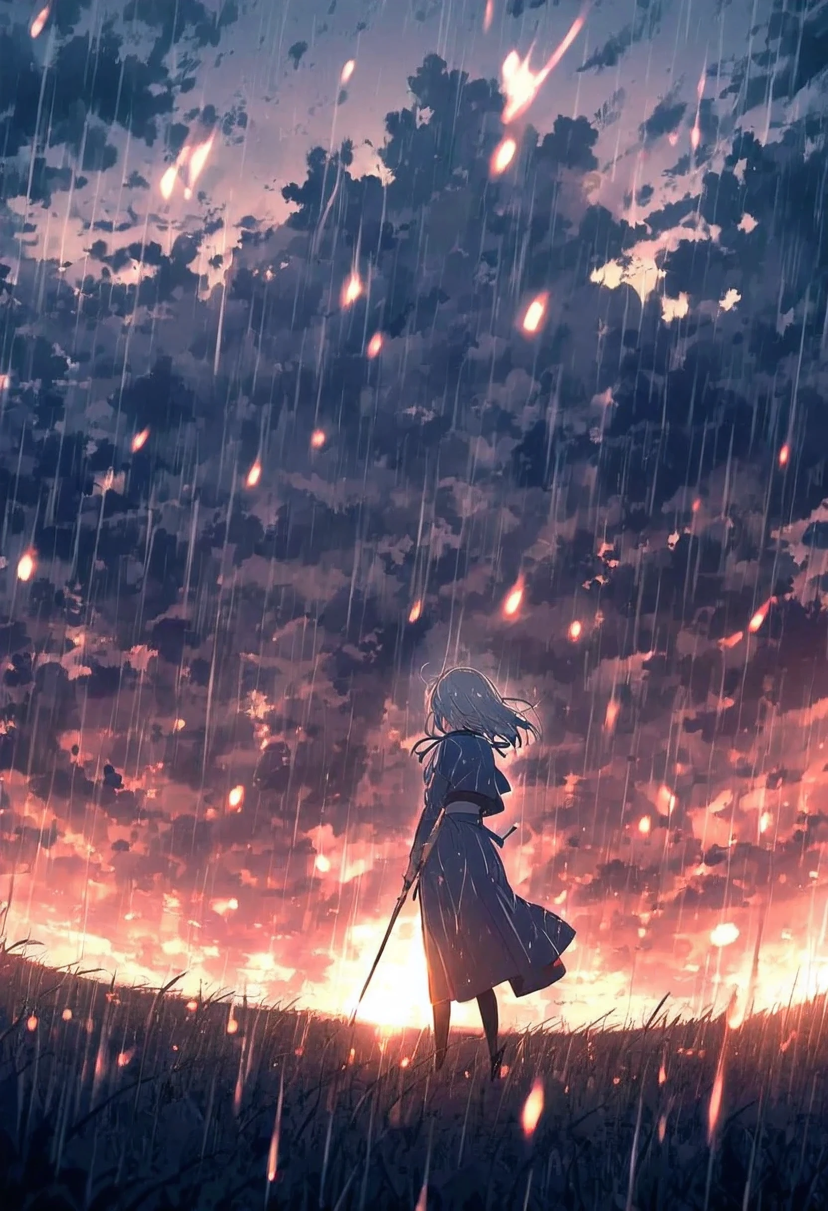 ((anime))、pastel、 woman,Grey Hair,Blue ribbon,Very shiny ,Shining Aura, navy clothes, crying,In the Rain,Standing on the Plains,