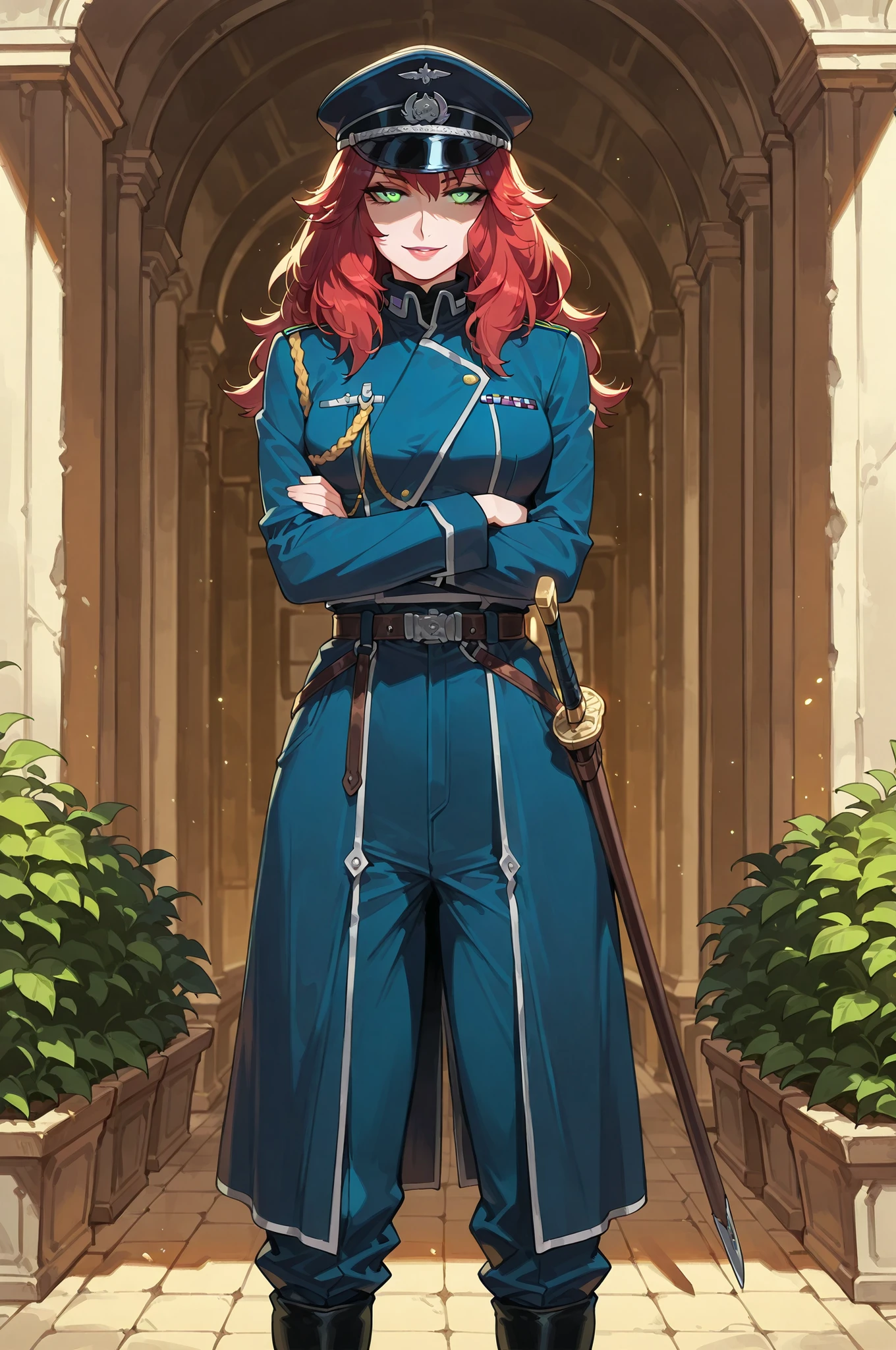 lazypos, 1girl, solo, looking at viewer, wideshot, from front, standing, detailed eyes, looking at viewer, shadow, ligh particles, full lips, thick lips, Inspiring, arms crossed, confident smile, confident expression,
Devola, red hair, medium breasts, green eyes, long hair, glowing eyes, medium breasts, uniform, military, military uniform, shirt, black shirt, jacket, blue jacket, long sleeves, aiguillette, pants, blue pants, boots, black footwear, dark blue military hat, greek garden background, leather belt with sheathed sword, riza outfit,
