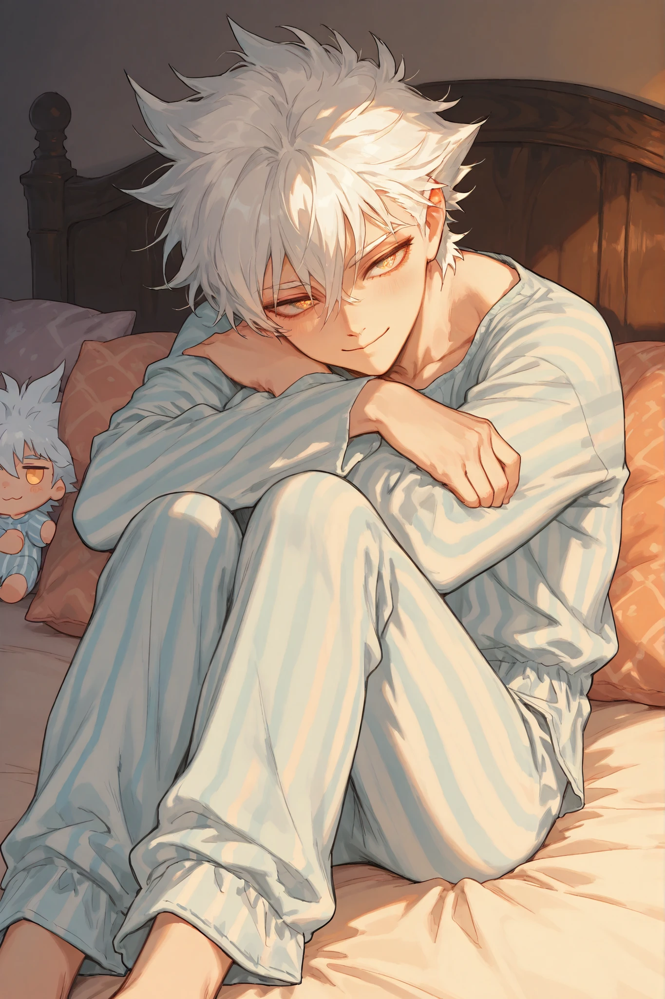 Best Quality, masterpieces, perfect detail, 1boy, Garou, Silver white matted hair, warm golden eyes, gentle smile, Blue pajama top with a striped pattern, Matching pajama bottoms, comfortable pose , Seated leaning on a bed, Warm Light, cozy bedroom background, soft pastel tones, Cozy duvets and pillows, warm evening atmosphere, soft lighting, gentle expression, illustration style, anime aesthetic, cozy atmosphere