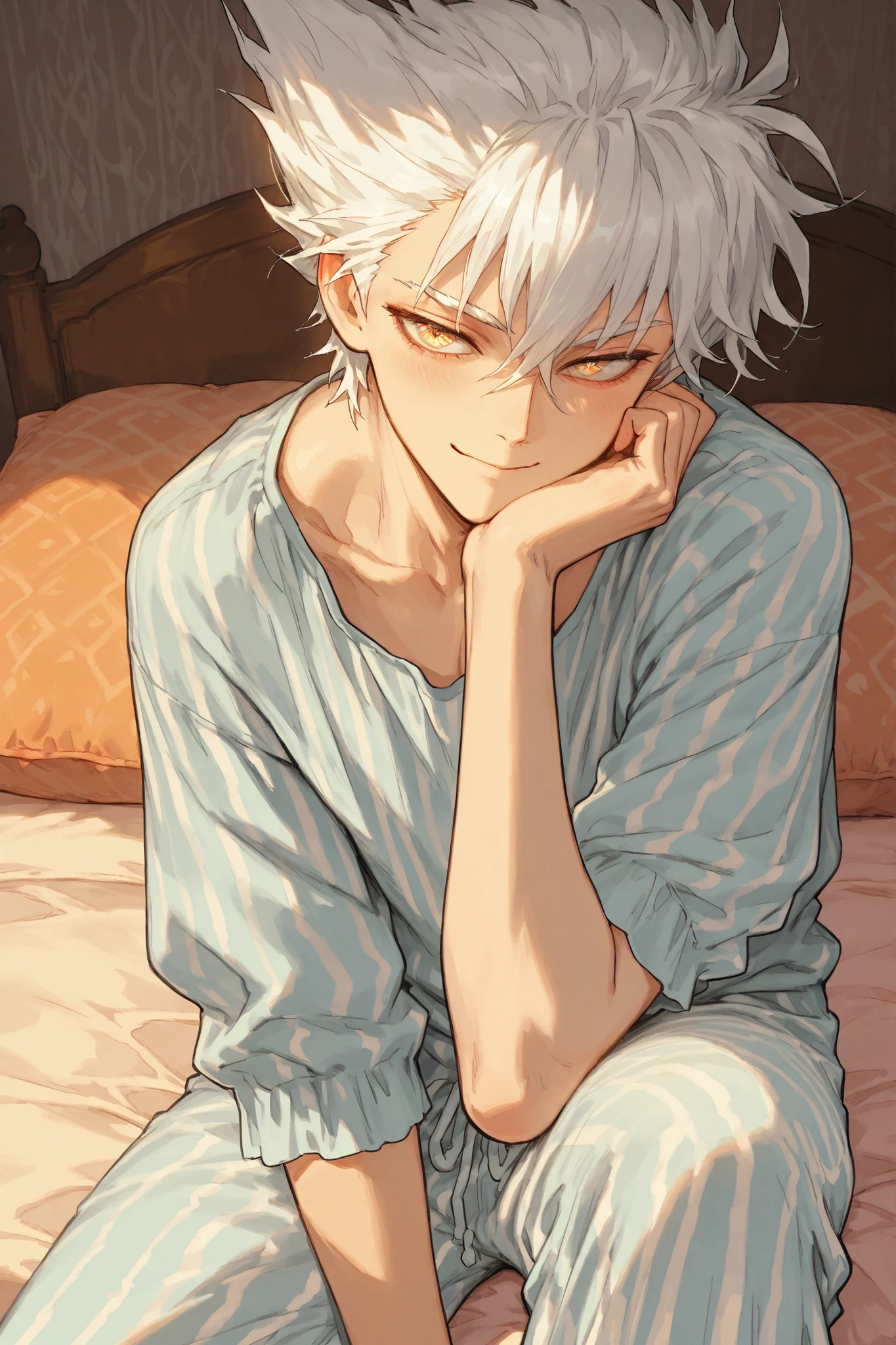 Best Quality, masterpieces, perfect detail, 1boy, Garou, Silver white matted hair, warm golden eyes, gentle smile, Blue pajama top with a striped pattern, Matching pajama bottoms, comfortable pose , Seated leaning on a bed, Warm Light, cozy bedroom background, soft pastel tones, Cozy duvets and pillows, warm evening atmosphere, soft lighting, gentle expression, illustration style, anime aesthetic, cozy atmosphere
