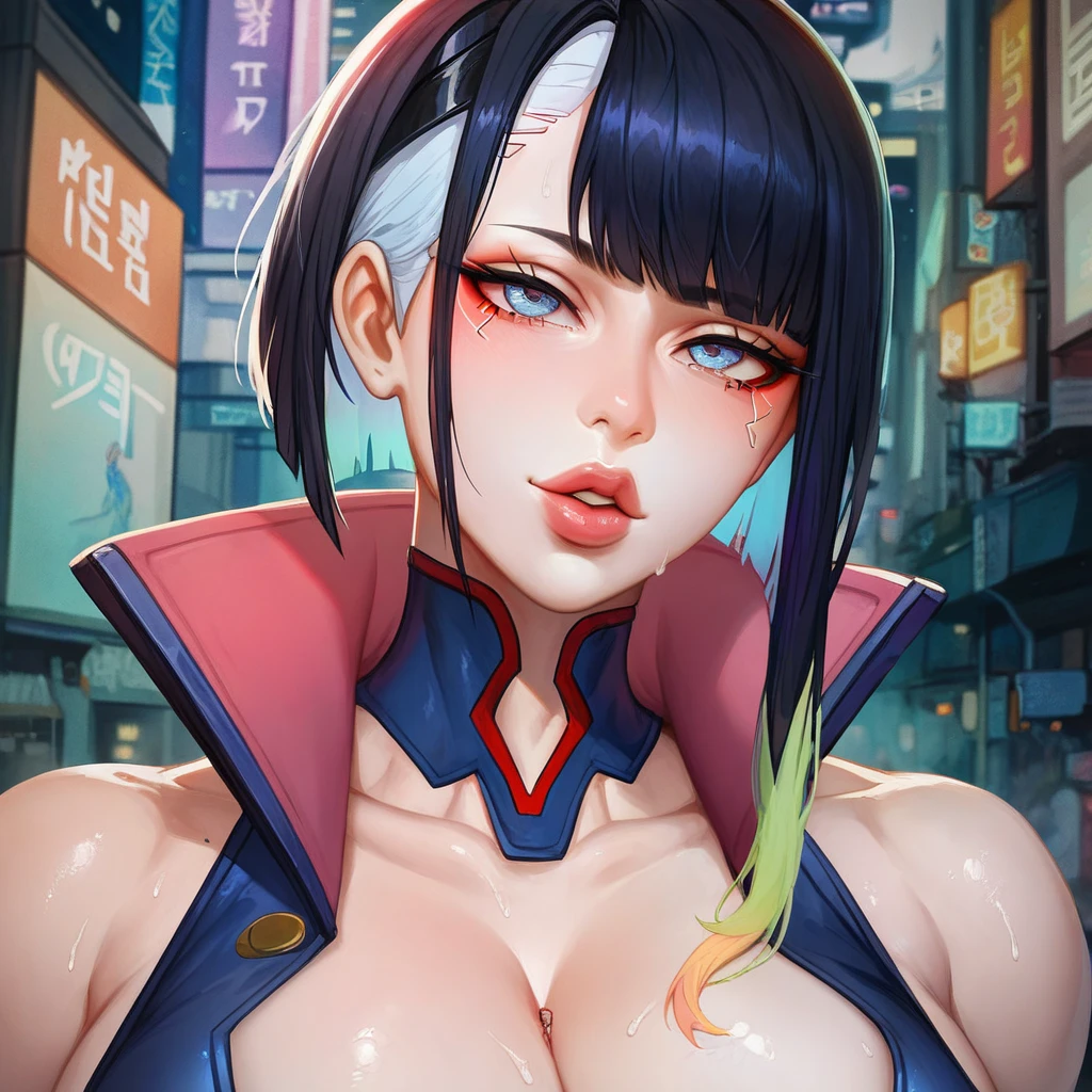 <lora:zuisheng-09:0.8>Blue hair, blue coat embroidered with peonies, black dress, left robotic arm,Golden eyes((extremely realistic shading, masterpiece, extremely detailed, photorealistic))