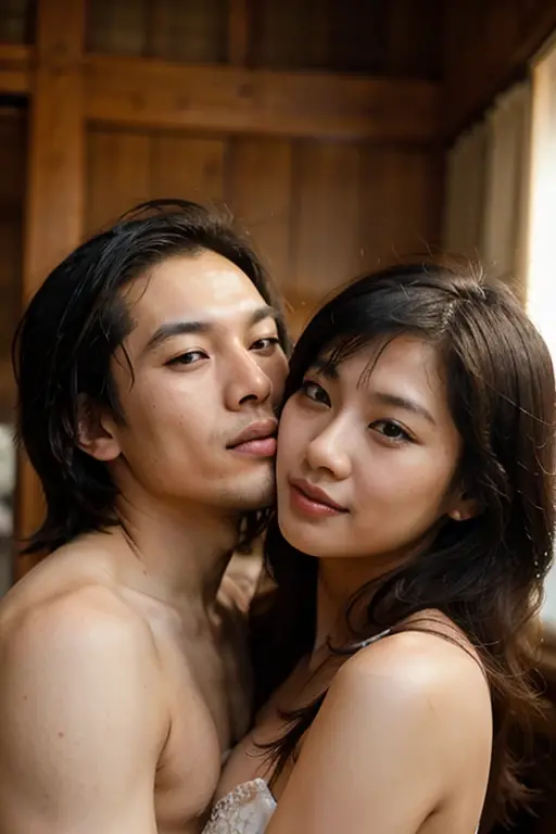 Naked Japanese man cuddling with naked Japanese woman with short bangs in the bedroom They all turned to the camera and smiled.
