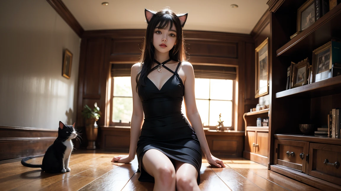 On the classroom podium,The girls wore black silk,Childlike big breasts,(tit:1.9),(Large breasts:1.9),(Get wet:1.5),Naked female big breast,1girll,face to the viewer,tmasterpiece,Collars and chains ,Be red in the face,Cat demon,Cat ears