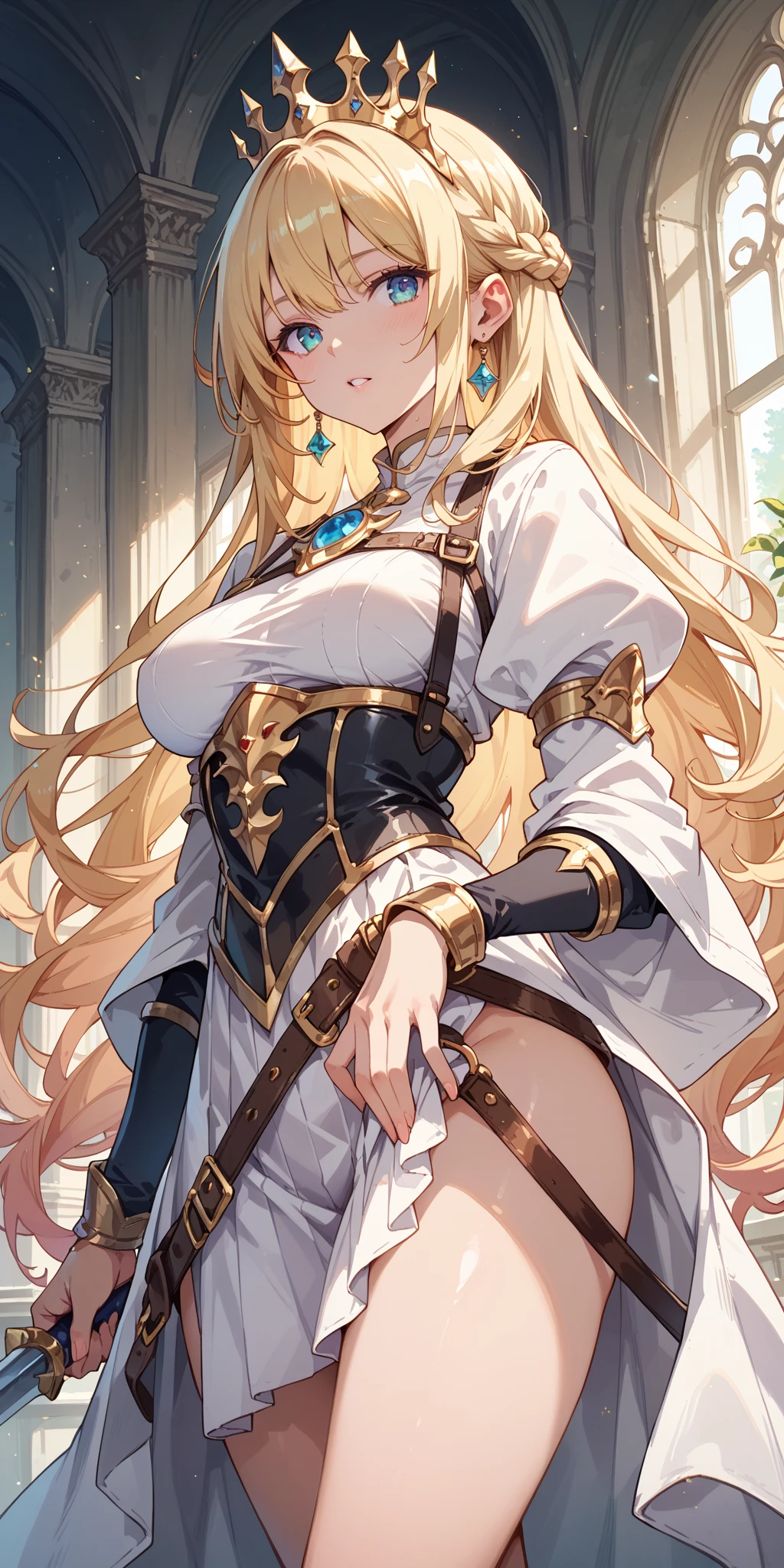 Highest quality, Soft Light, Ultra-high resolution,People Girls, alone, sexy, (Ecstatic face), (Blue eyes), Beautiful face in every detail,(High resolution detail of human skin texture), (Golden medium hair), break,Medieval Armor,(Fellatio gestures:1.2), (Open your mouth:1.2),tongue,(Sweat:1.5),Sigh,skirt,Crossing your legs,Saliva dripping from the mouth,Spread your legs,My legs are being grabbed roughly