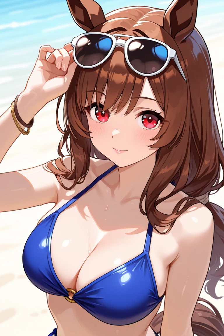 best quality, masterpiece, highres, solo, {night:1.10}, {starry sky:1.10}, beach, beautiful detailed sky, {extremely detailed background:1.20}, {angelina_arknights:1.15}, {standing:1.10}, looking at viewer, {bikini:1.30}, brown_hair, long_hair, animal_ears, fox_ears, twintails, bangs, hairband, red_hairband, red_eyes, infection_monitor_\(arknights\), upper_body, breasts, blush, smile, light smile