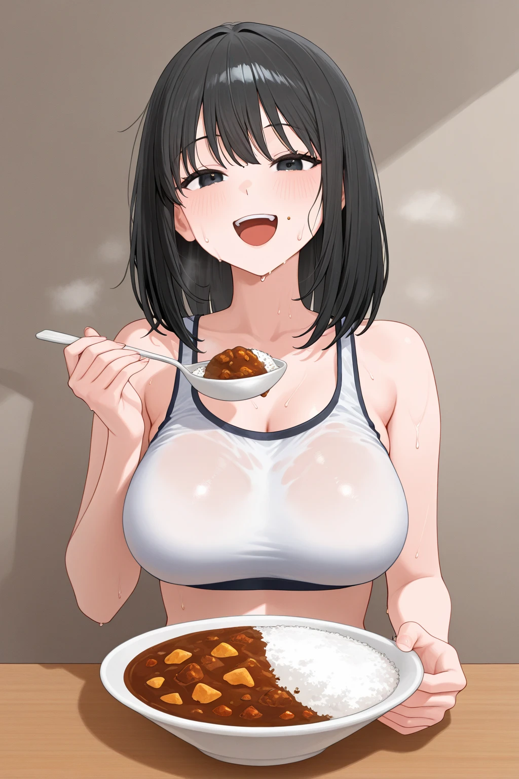 1girl, solo, nsfw,, SHIINAKOKOMI,  brown hair, (Medium hair, shoulder length hair:1.5) brown hair, BROWN EYES,, empty eyes, large breasts, nipple, Conveyor belt sushi restaurant, frozen, (Sweating profusely, Love juice, Wet Woman, female ejaculation) crying, Naked, (1girl) Peeing, lactation, projectile lactation