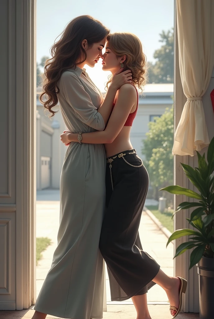 Amazing portrait of two lesbians aggressively making out passionately with their lips touching as they're hugging each other tight and  and erotically with one sitting on the lap of the other who's sitting in a chair next to a window as it's raining outside during night time in a dark room with one lamp giving off warm lighting