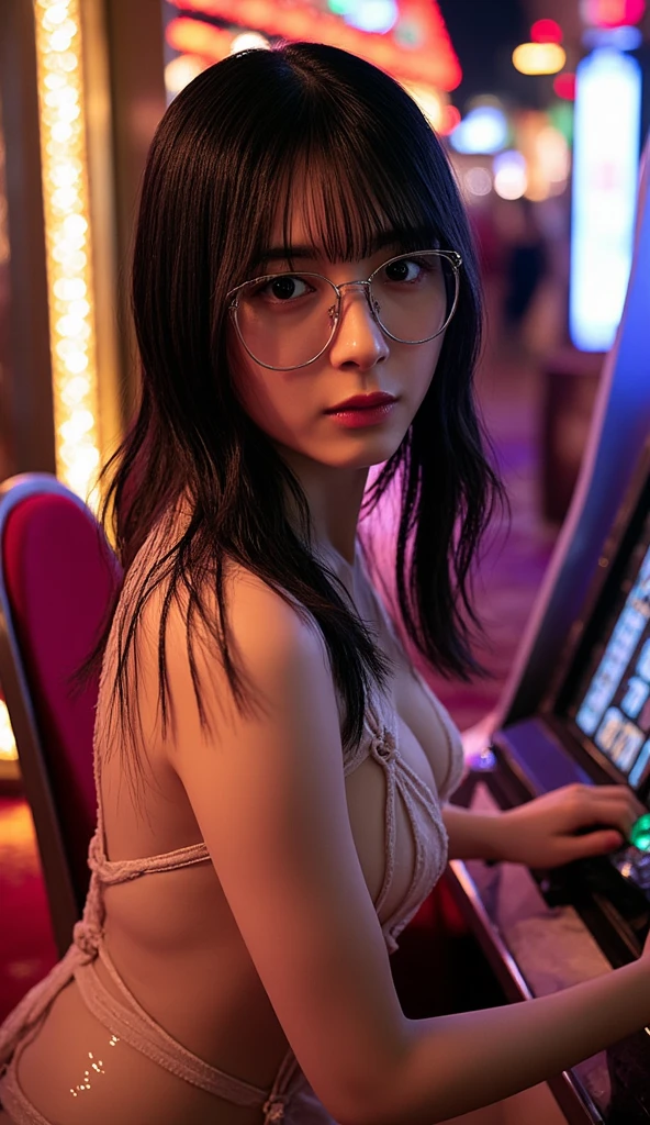 masterpiece, 8k, lifelike photograph, ultra high quality, best quality, ray tracing, face close-up, medium breasts, under boobs, big round glasses, without makeup, detailed eyes, light brown thin eyebrows, light blue eyes, light pink lips, short smile, stunning cute 12 years old american white girl, baby face, oily skin, wearing a tank top over a yellow bikini, ultra detailed face, light brown ponytail hair with bangs, dynamic pose in amusement arcade