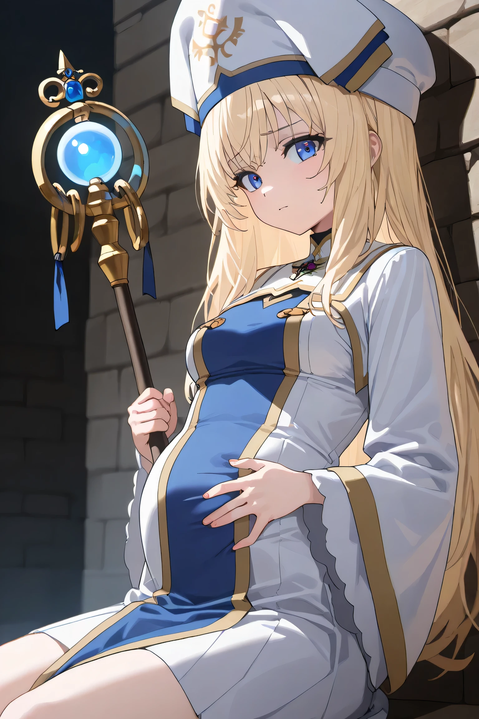 (Best quality, 4k, 8k, high resolution, masterpiece:1.2), ultra detailed, intricate details, beautiful girl, SOLO, alone, bangs, small-medium breasts, perfect smooth skin, head tilted, white and blue cleric robe with gold and details, split lower robe, long white sleeves, a white cleric hat with cross symbol, holding a staff with a glowing orb, long blonde hair, blue eyes, pain, at medieval town on streets, side view, (Pregnant:0.0), looking at viewer, hand cover belly