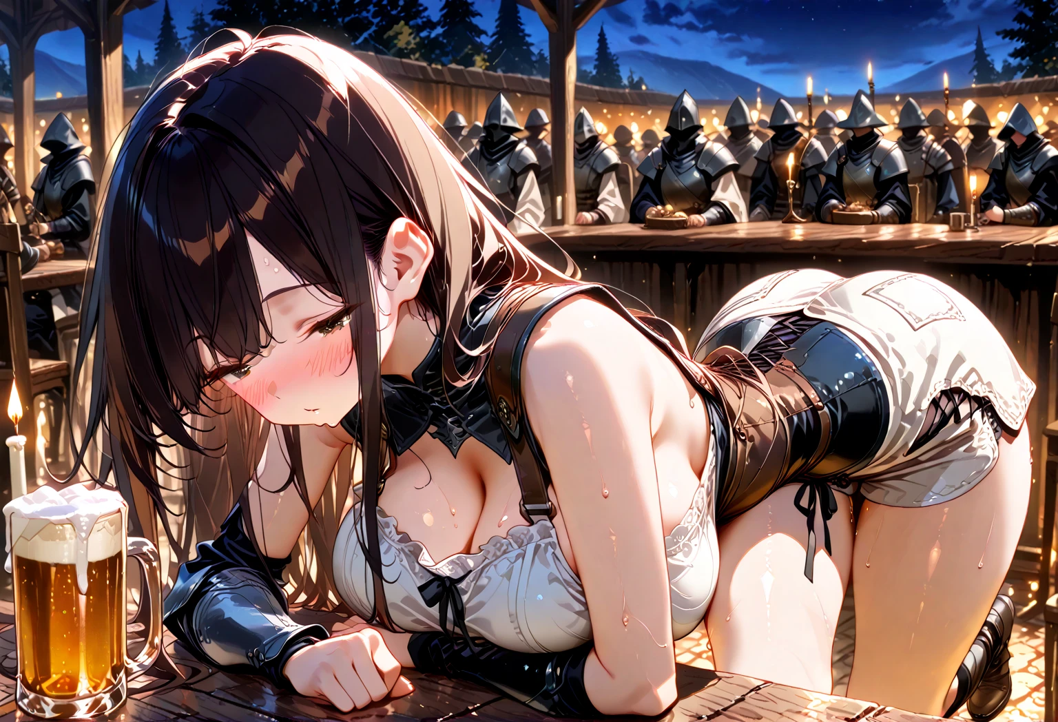 (Highest quality, 8k, masterpiece:1.3,beautiful girl), (masterpiece:1.3, Highest quality, Ultra-high resolution, Very detailed),Beautiful body, Beautiful breasts, Beautiful thighs, Beautiful legs, Beautiful fingers, Glowing Skin,White skin,(((Long Hair,Black Hair,Beautiful Hair))),(Perfect Anatomy, Anatomically correct, Very detailed肌), Cute and symmetrical face, Perfect Face, Perfect Eyes, ((Perfect Fingers, Five Fingers)), (((whole body,Draw the whole thing)))((Two Arms,Two legs)),Large Breasts,(((goddess,White Dress))),(((Starry Sky,crowd,))),((,Dirty body,Torn clothing,Arms tied)),(((Annoyed expression,tears,A humiliating look,Annoyed expression))),(((Surrounded by dirty middle-aged men,Being raped,Cum deep inside the vagina,Thin pubic hair,Semen overflowing from the vagina,Sex from behind))),(((Hands tied,On all fours on a wooden table))),(((Intense sex))),(((Ecstasy))),Large Breasts,(((Handjob,Blowjob))),(((Big penis,Multiple penises,))),Arms tied,