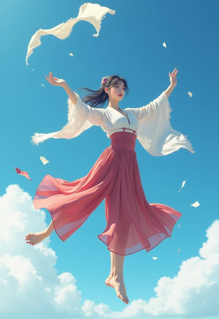 wallpaper,32k,(masterpiece, Top quality, best quality, Official Art, beauty:1.2),(最詳細清晰的contour和五官:2.0,contour:2.0) (1 Chinese Goddess:1.5), Very detailed,(Dunhuang艺术:1.1),(Dunhuang,rich and colorful:1.1)(Flowers:1.3),Most detailed,(tangled:1.2), (Dynamic flight attitude,Foot on the white clouds,Show your thighs:2.0), (Blue sky, White clouds and bright moon background:1.3), (Chinese embroidered Hanfu:1.2), (Glowing skin), (Many colors:1.4), ,(earrings:1.4),