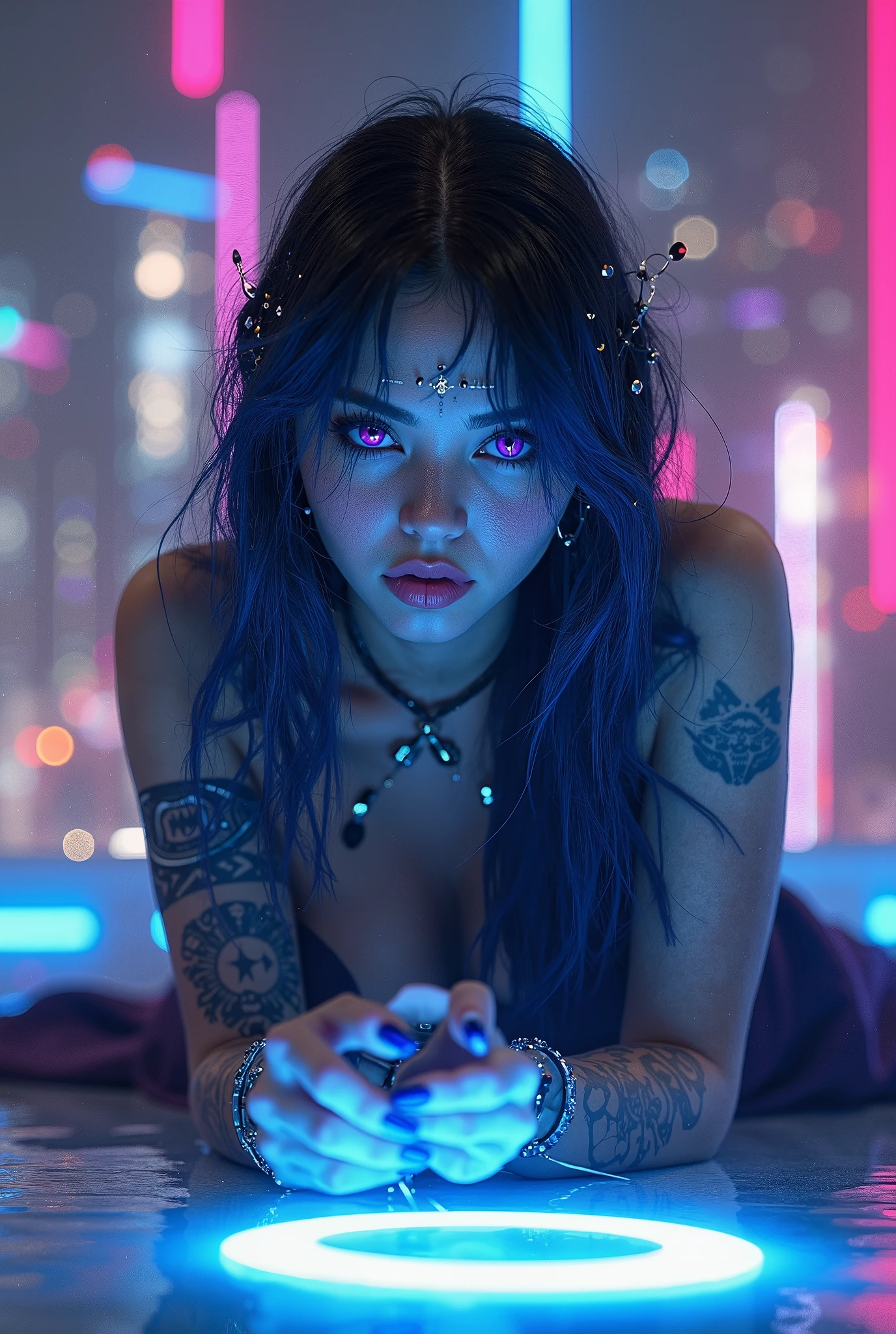 1 beautiful milf with blue hair, beautiful eyes, appetizing sexy body, bioluminescent horns, latex skin-tight bodysuit, huge protruding breasts, sexy pose, outdoor, rain, (best quality,4k,8k,highres,masterpiece:1.2),ultra-detailed,(realistic,photorealistic,photo-realistic:1.37),extremely detailed eyes and face,longeyelashes,concept art,cinematic lighting,vibrant colors,dramatic lighting