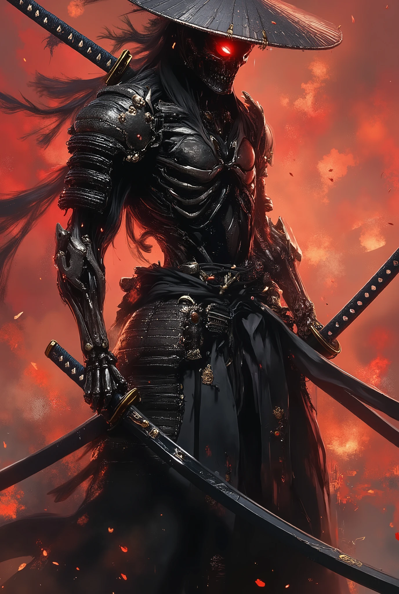 ( full body ) skeletal samurai in motion, powerful diagonal attack pose, dual-wielding luminous katanas, ornate bone-decorated black armor, blazing otherworldly eyes, apocalyptic red sky with ash storms, broken geta and architectural ruins, dynamic lighting effects, dark fantasy Japanese style, detailed bone structure, ominous atmosphere