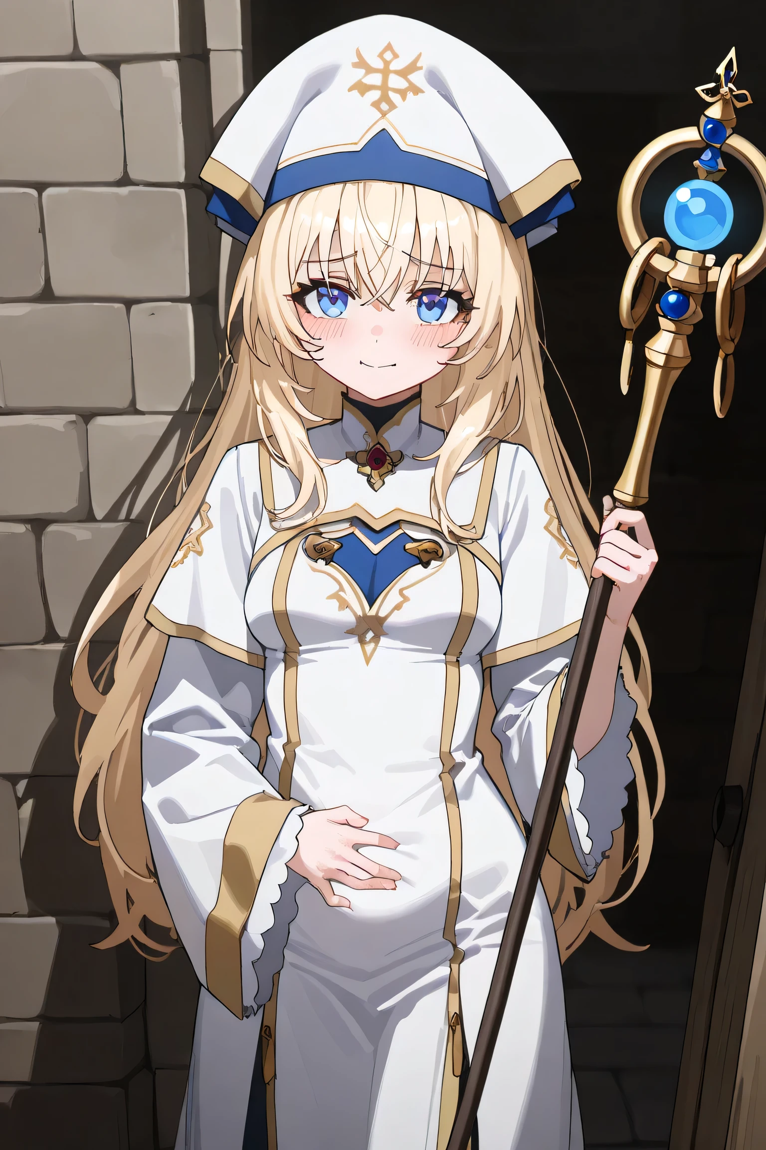 (Best quality, 4k, 8k, high resolution, masterpiece:1.2), ultra detailed, intricate details, beautiful girl, SOLO, alone, bangs, small-medium breasts, perfect smooth skin, head tilted, white and blue cleric robe with gold and details, split lower robe, long white sleeves, a white cleric hat with cross symbol, holding a staff with a glowing orb, long blonde hair, blue eyes, pain, at medieval town on streets, looking at viewer, hand cover belly, standing, embarrassed, smile lighly