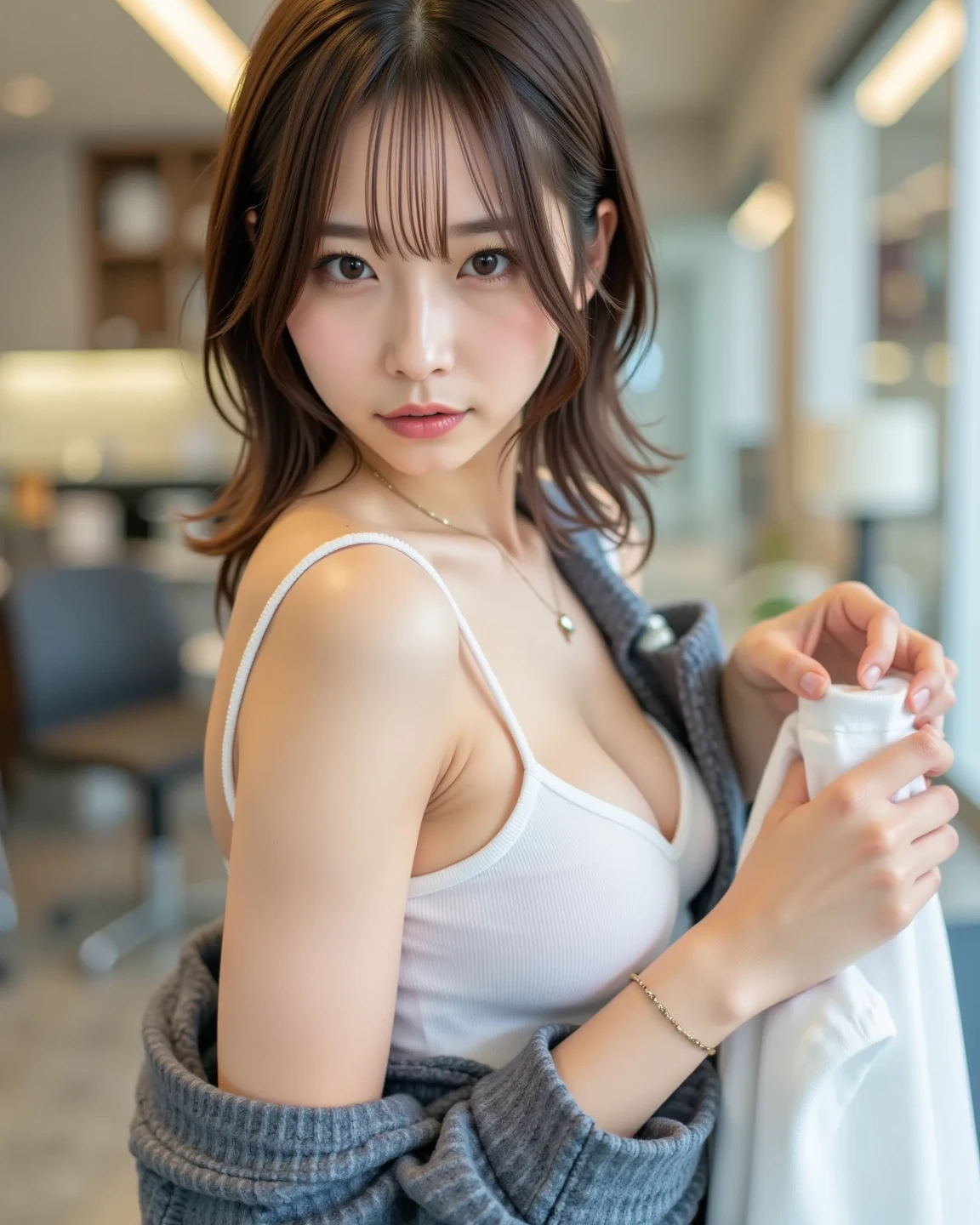 24 years old beautiful girl, (bob hair),(showing armpits), wearing naked apron, off-shoulders, show cleavage, full body photo, standing pose. Naked, at coffee shop, daring pose