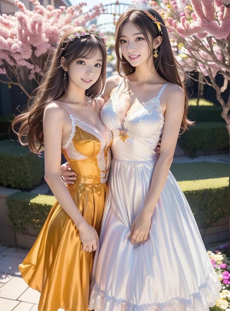 (High-resolution 8K raw photos are realistic,best qualtiy,),((2 women hugging)),(((Gradient Dunhuang costumes))),(Seven-doppelganger shot),(Pink Long Hair),Skinny and small,beautidful eyes,Super detailed face,Beautiful woman,tight-fitting,Big breasts Thin waist,Bigchest,Teenage uncensored,cute female child,Glowing skin,20yr old,(Loulan Ancient Town，outside，A desert)，Sharpen,Chiffon,Front light，Solo,cleavage，((china goddess))
