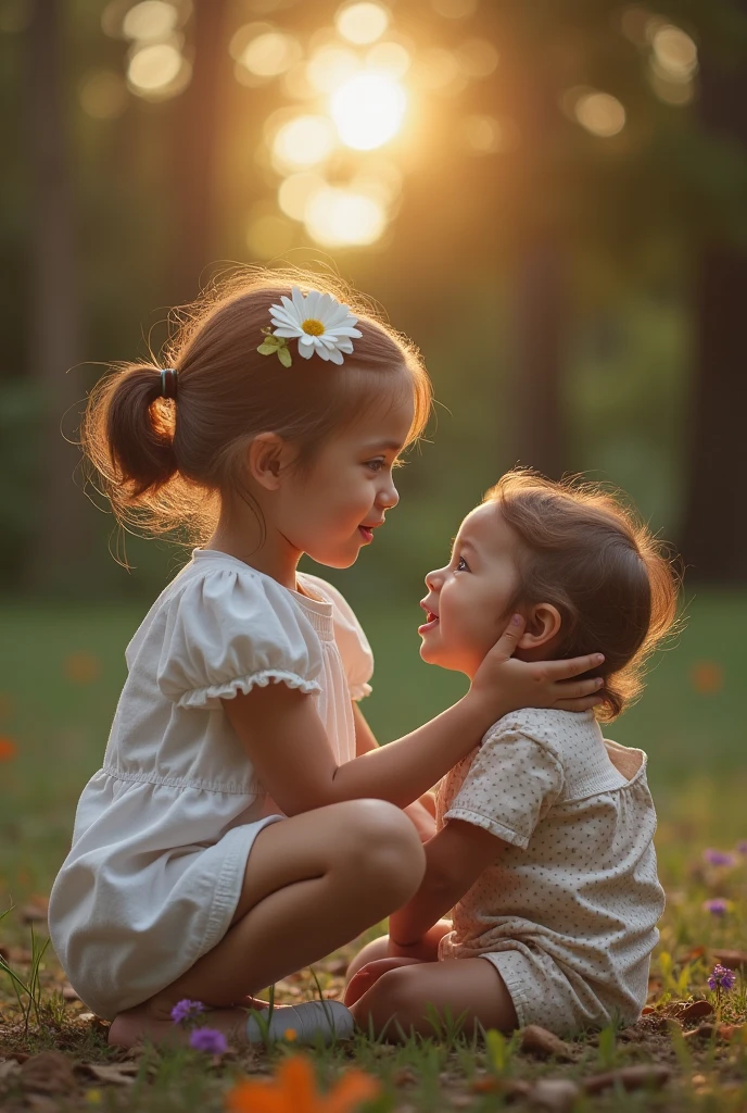 A beautiful girl in short clothes with a boy in her lap