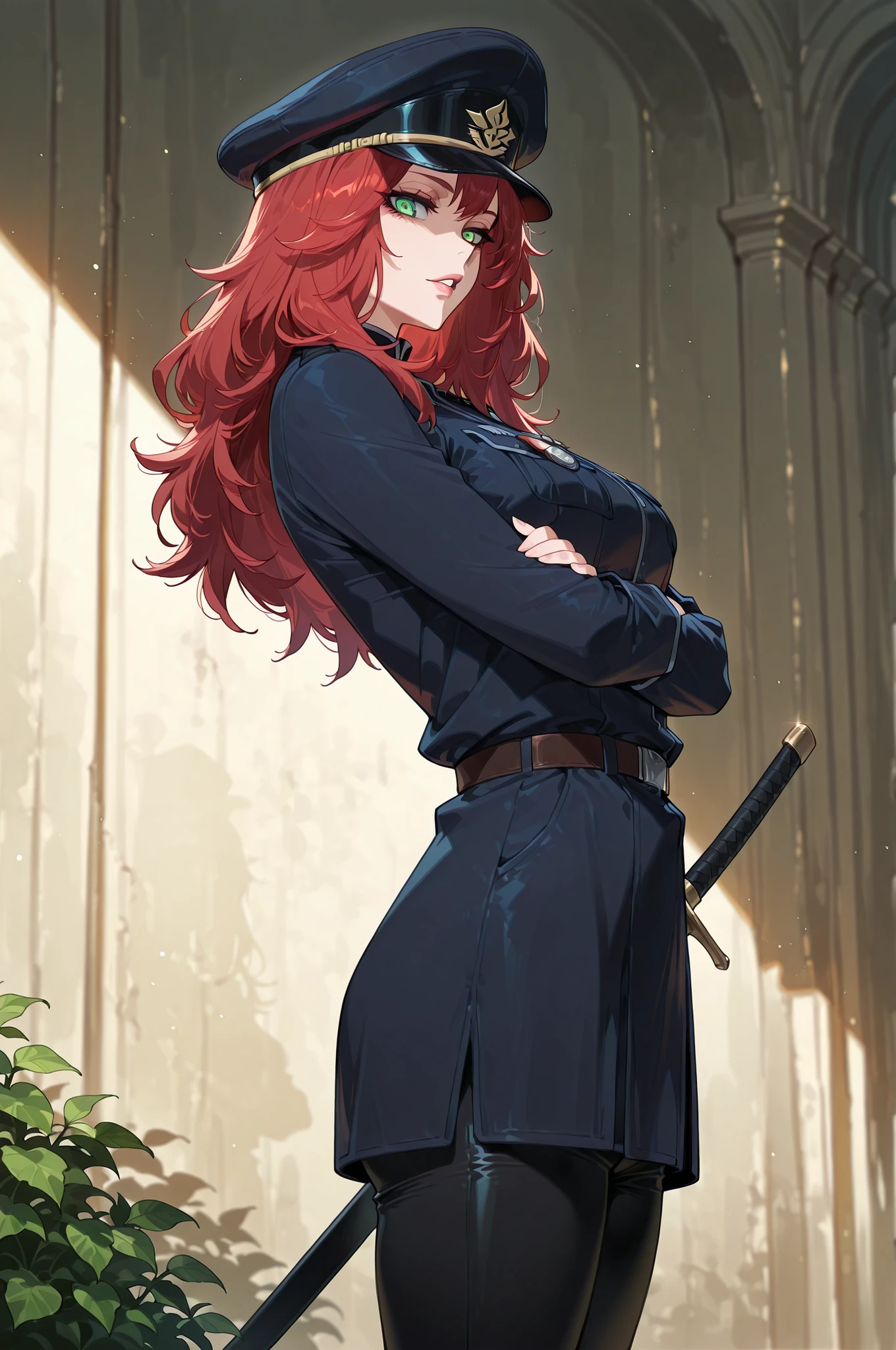 ,lazypos, 1girl, solo, looking at viewer, wideshot, from the side, standing, detailed eyes, looking at viewer, shadow, ligh particles, full lips, thick lips, Inspiring, arms crossed,
Devola, red hair, medium breasts, green eyes, long hair, glowing eyes, medium breasts, military uniform, dark blue short-sleeve uniform, military attire, official uniform, military insignia, leggings, black military hat, greek garden background, leather belt with sheathed sword, black pants,