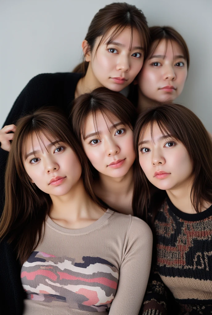 (RAW photo, whole body:1.2), (realistic:1.4),beautiful detailed woman, very detailed eyes and faces, detailed eye, super detailed, High resolution, very detailed, highest quality, unified, 8k, masterpiece, highest quality,Group of girls posing for a group photo, Tunic tops, Feminine skirt, black pantyhose, slender body line, black shoes, A big smile, sitting, weak light, at night, korean style makeup, taiwan night background, embarrassed look, selfie, photo taken from above