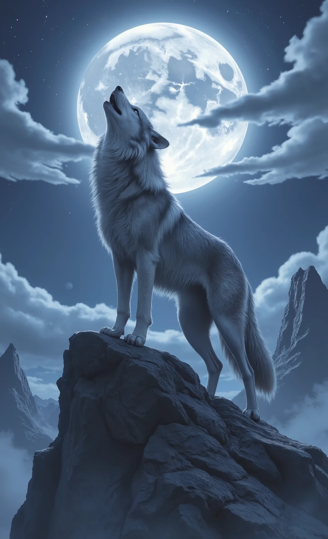 a majestic gray wolf howling on a cliff under the full moon, semi-realistic anime style dress, High-detail fur, Textures,yajje