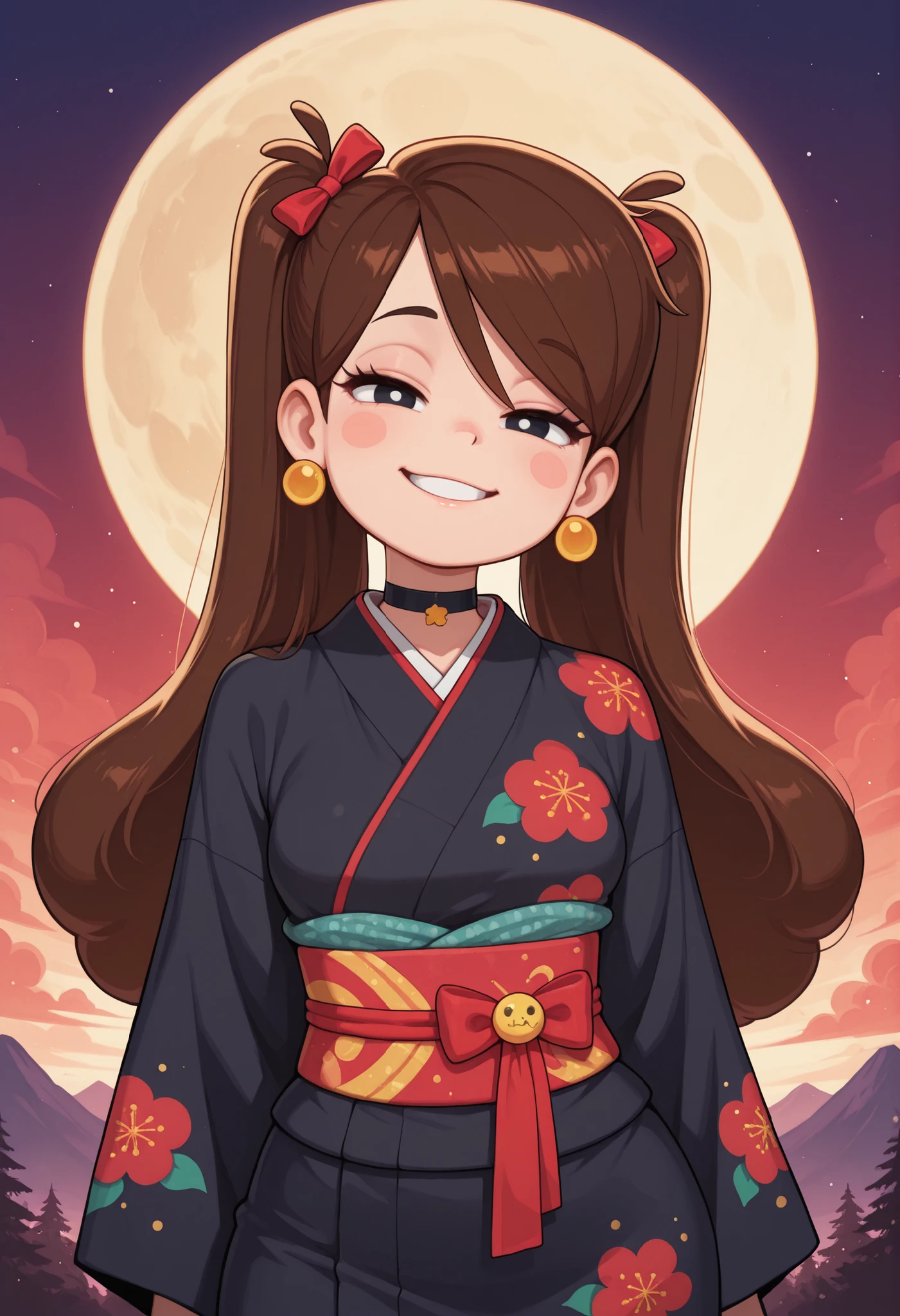 Mabel Pines, blush stickers, brown hair. black eyes. half-closed eyes, small saggy breasts, huge hips. long eyelashes, choker. | masterpiece, best quality, amazing quality, very aesthetic, perfect eyes, Sinozick_illu, crestyle, Sinozick_illu, gr4ph1t3, ,1girl, solo, looking_at_viewer, smile, bangs, black_hair, long_sleeves, ribbon, hair_between_eyes, twintails, jewelry, hair_ribbon, upper_body, earrings, parted_lips, japanese_clothes, medium_hair, kimono, black_eyes, red_ribbon, two_side_up, head_tilt, sash, obi, floral_print, moon, mountain, print_kimono, black_kimono, obijime, obiage,Anime-style drawing of a young Japanese woman with long black hair tied up with red ribbons, wearing a traditional black kimono with red accents and floral patterns. She has a gentle smile and is looking directly at the viewer. The background features a stunning landscape with rolling hills and a winding river. The sky is a deep red, with a few clouds scattered across it. The woman is standing in the center of the image, with the sun partially visible in the top left corner. The art style is detailed and vibrant, with smooth shading and a focus on the character's expression and outfit. Hide