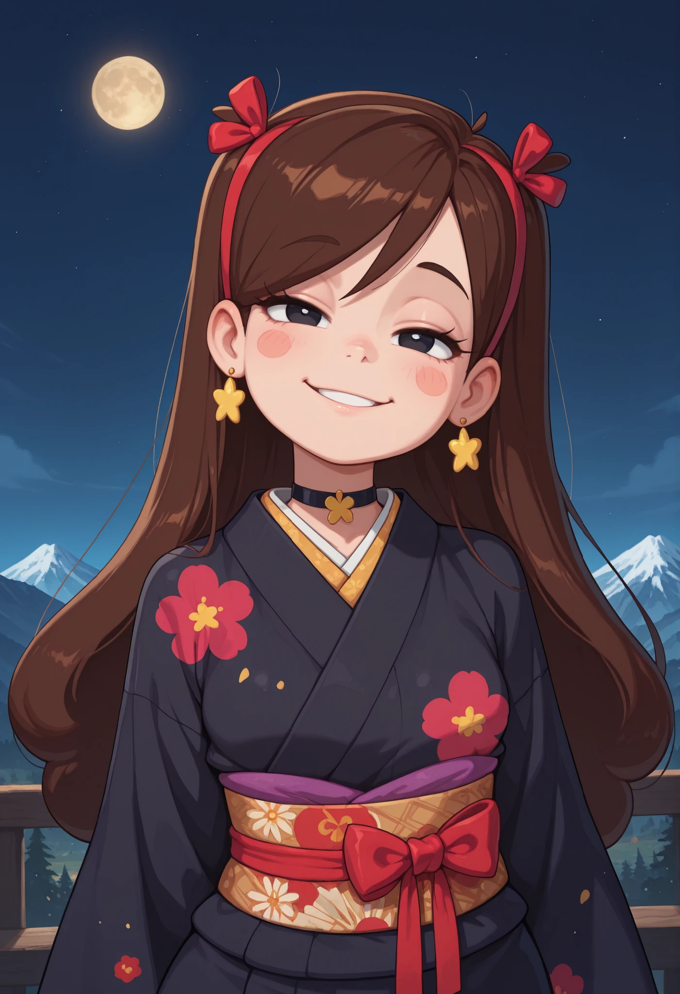 Mabel Pines, blush stickers, brown hair. black eyes. half-closed eyes, small saggy breasts, huge hips. long eyelashes, choker. | masterpiece, best quality, amazing quality, very aesthetic, perfect eyes, Sinozick_illu, crestyle, Sinozick_illu, gr4ph1t3, ,1girl, solo, looking_at_viewer, smile, bangs, black_hair, long_sleeves, ribbon, hair_between_eyes, twintails, jewelry, hair_ribbon, upper_body, earrings, parted_lips, japanese_clothes, medium_hair, kimono, black_eyes, red_ribbon, two_side_up, head_tilt, sash, obi, floral_print, moon, mountain, print_kimono, black_kimono, obijime, obiage,Anime-style drawing of a young Japanese woman with long black hair tied up with red ribbons, wearing a traditional black kimono with red accents and floral patterns. She has a gentle smile and is looking directly at the viewer. The background features a stunning landscape with rolling hills and a winding river. The sky is a deep red, with a few clouds scattered across it. The woman is standing in the center of the image, with the sun partially visible in the top left corner. The art style is detailed and vibrant, with smooth shading and a focus on the character's expression and outfit. Hide