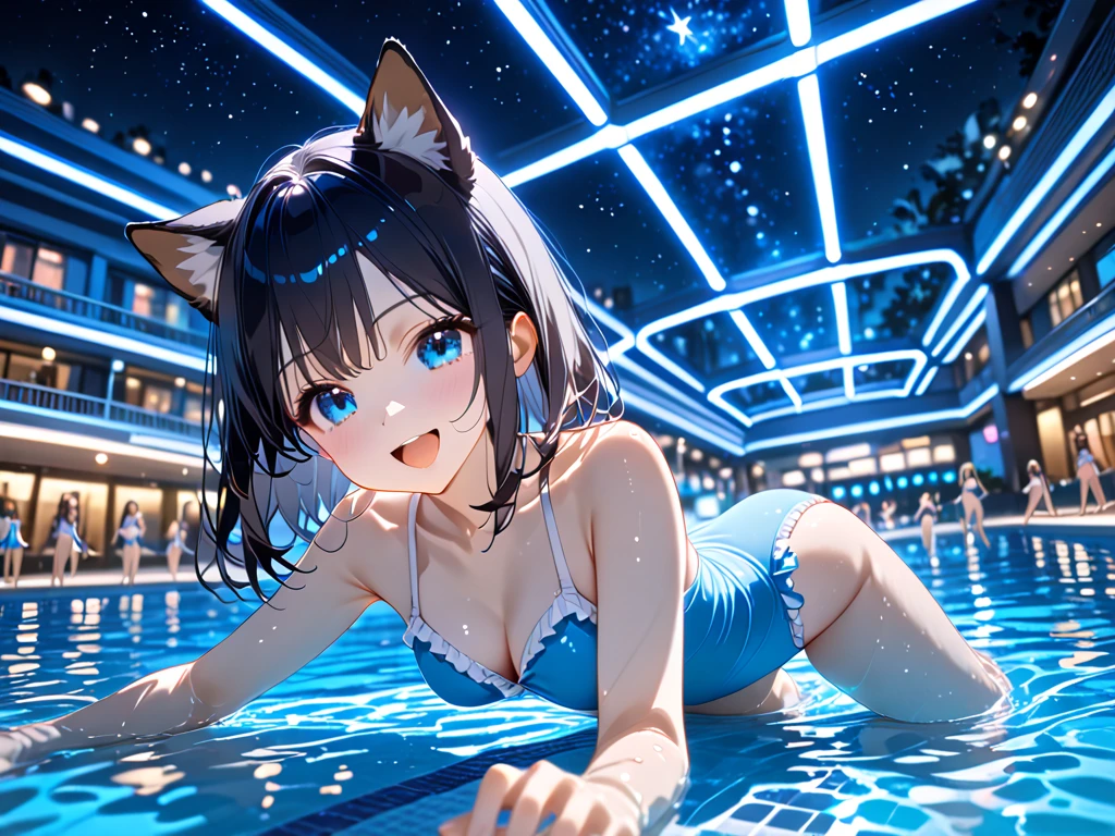 ((masterpiece)), ((best quality)), (ultra-detailed), pool, night, a cute girl, 1girl, solo, bikini, ((beautiful eyes)), smile
