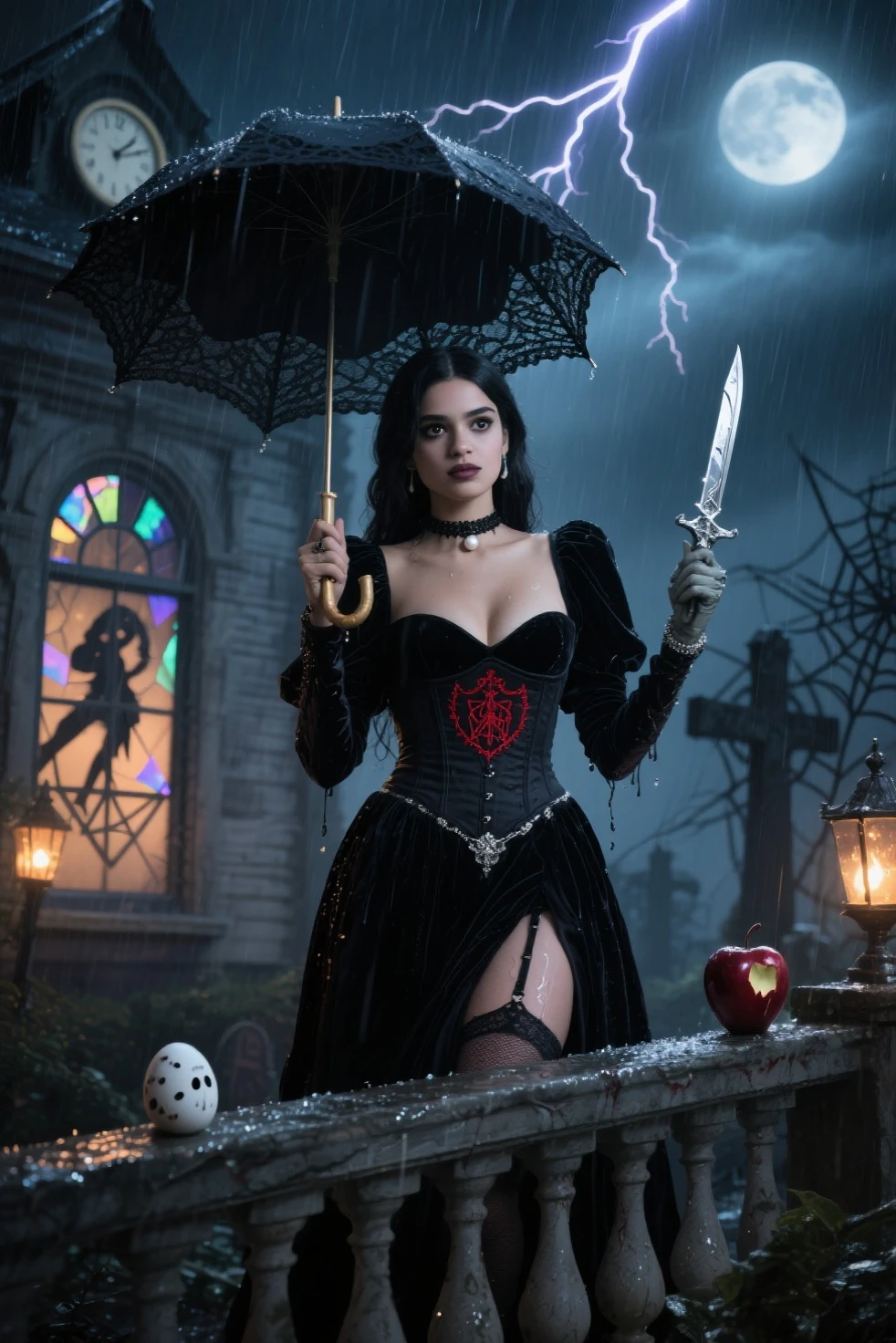 Beautiful 30year old woman, large tits, with short messy wavy black hair, wearing a red corset with black accents and black cloak, standing in a foggy cemetery at night, (red lipstick:1.5), realistic skin texture, (cross necklace:1.2), (looking at camera:1.3), (Christmas style and Gothic Art:1.4), photo realistic, 8k