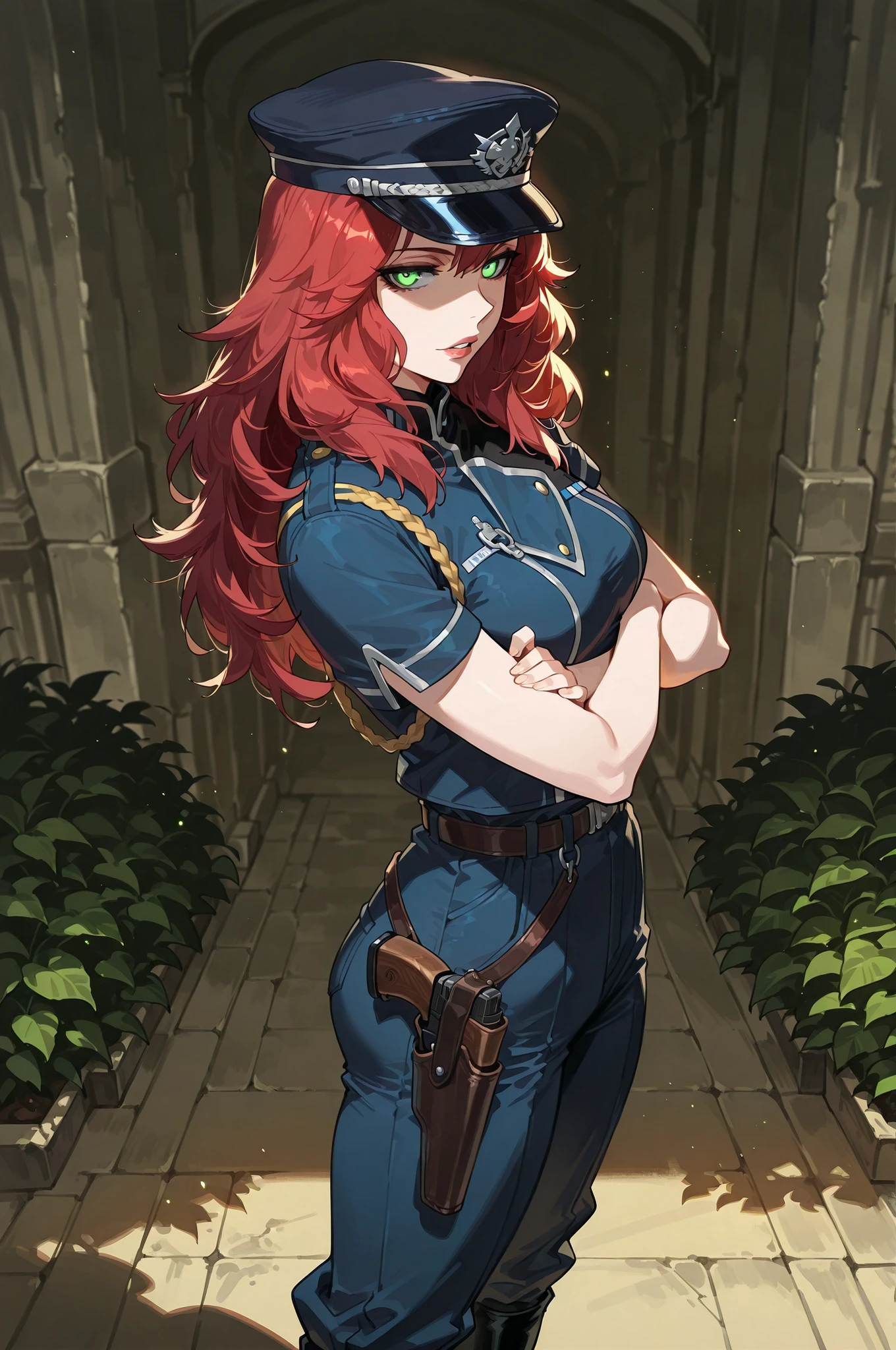 lazypos, 1girl, solo, looking at viewer, wideshot, from the side, standing, detailed eyes, looking at viewer, shadow, ligh particles, full lips, thick lips, Inspiring, arms crossed,
Devola, red hair, medium breasts, green eyes, long hair, glowing eyes, medium breasts, uniform, military, military uniform, shirt, black shirt, jacket, blue jacket, short sleeves, aiguillette, pants, blue pants, boots, black footwear, dark blue military hat, greek garden background, leather belt with pistol in holster, riza outfit,