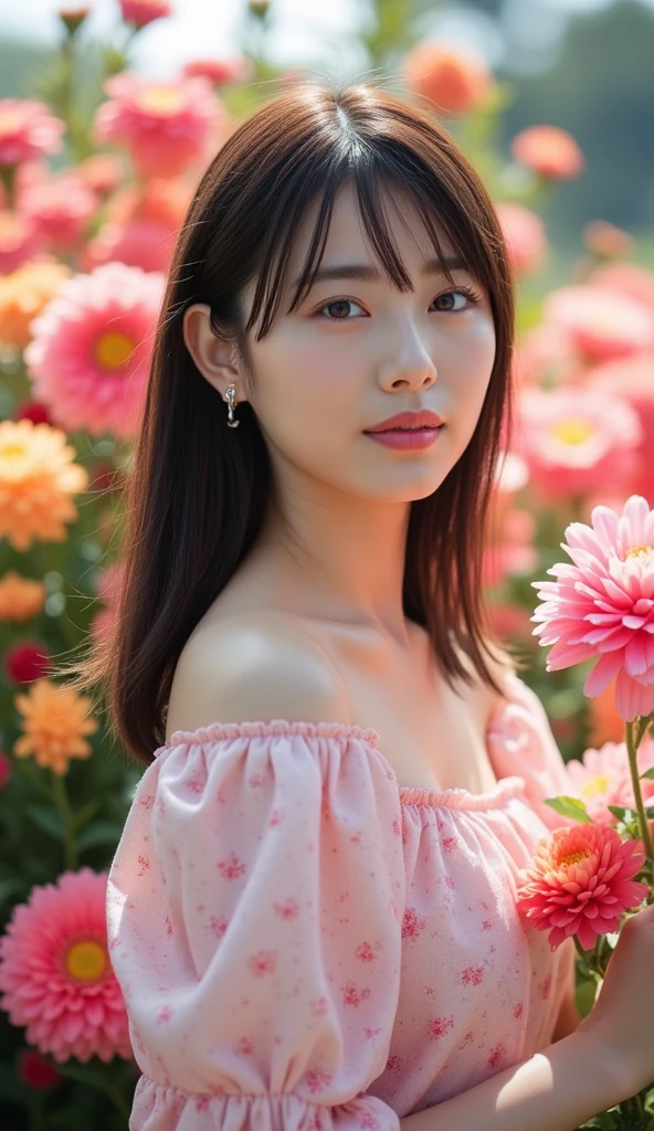 A close up of a woman in a top surrounded by flowers - SeaArt AI