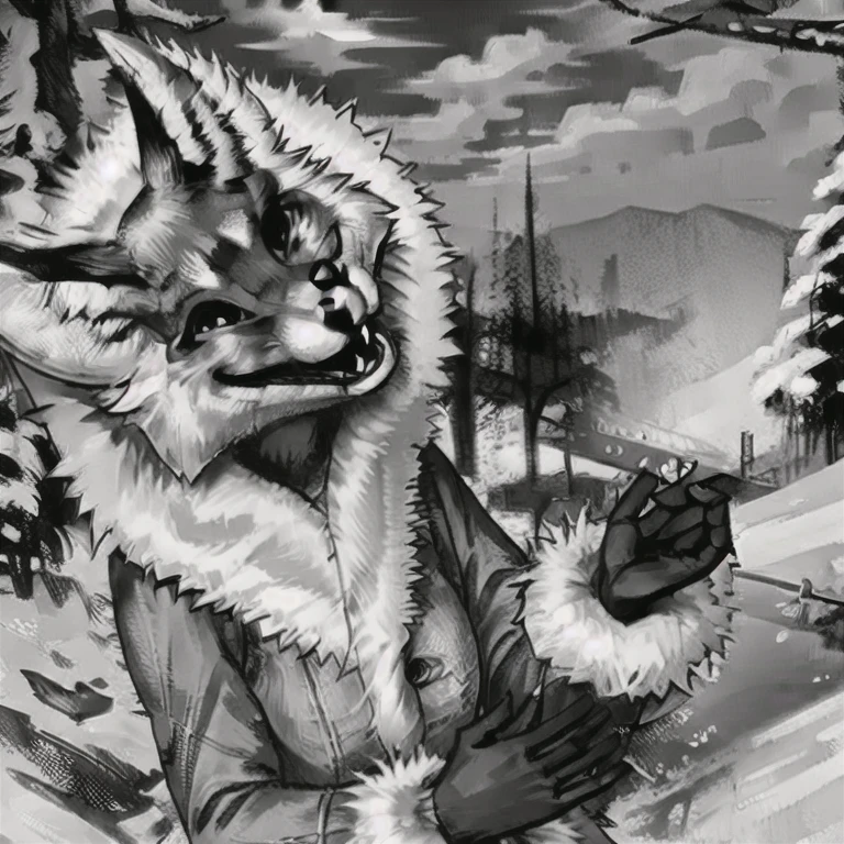 Garrulous, Garrulous "My little pony", Gabby as a girl, griffin, Lion's feet, Clawed hands, beak, anthro, mail, , Bird Girl, wings, big breastes,  Detail Eyes, (closeup face), femenine body,  , , tail, 1girl, mouth open, high in the sky, winter, snowstorm, flies in the sky, a shoulder bag, trees and houses below, Santa'fur coat, BLUE SKY BACKGROUND, high in the sky, flying in the sky, a scarf, Warm jacket