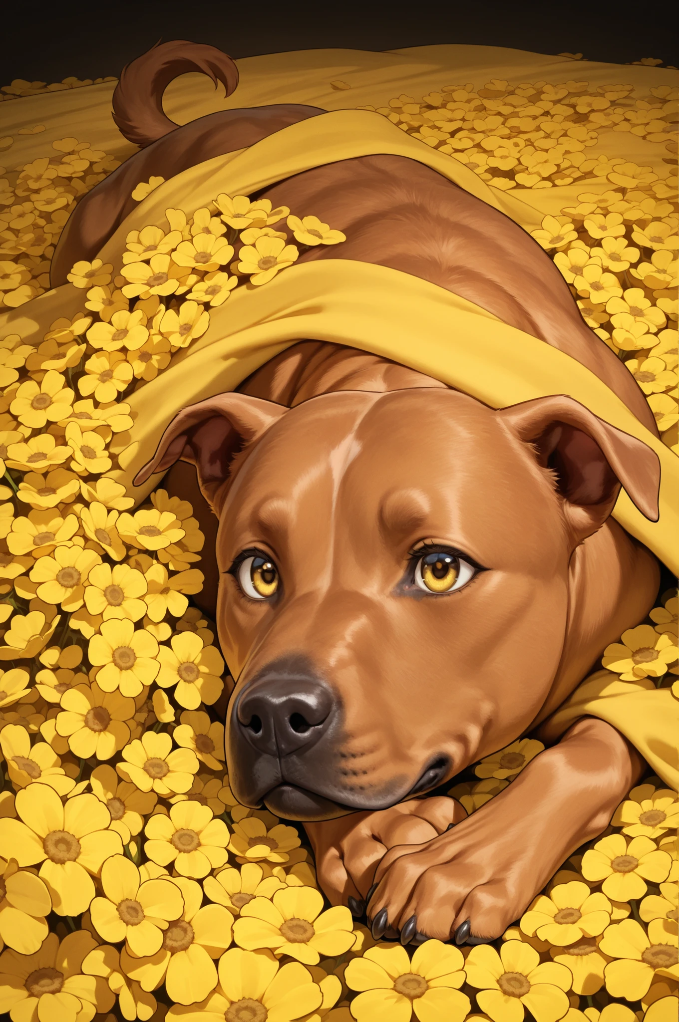 dog laying on a yellow blanket. Set against an Victorian backdrop that is covered in flowers. pitbull, apbt, beautiful eyes, golden eyes, paws, red brown fur