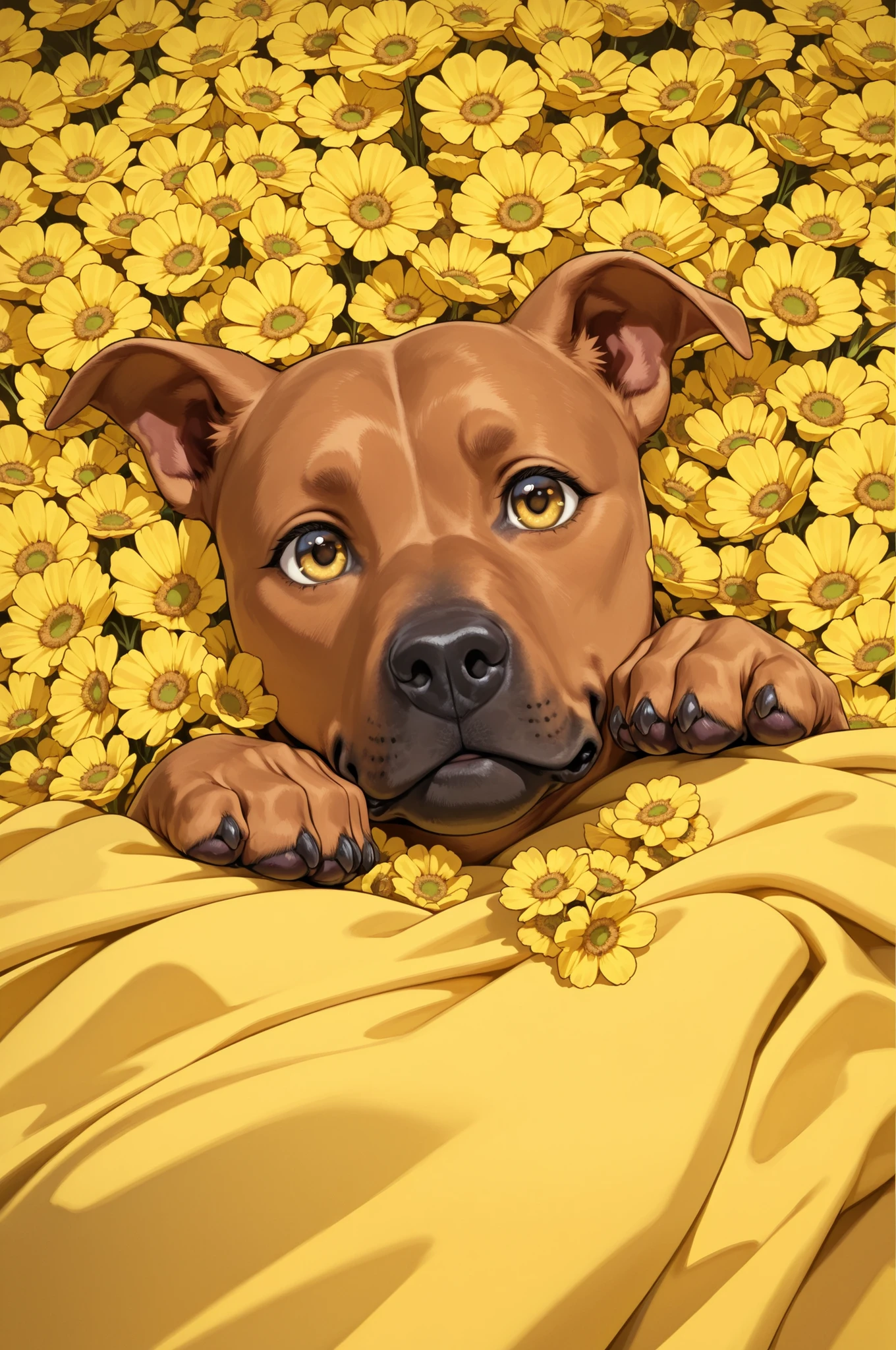 dog laying on a yellow blanket. Set against an Victorian backdrop that is covered in flowers. pitbull, apbt, beautiful eyes, golden eyes, paws, red brown fur