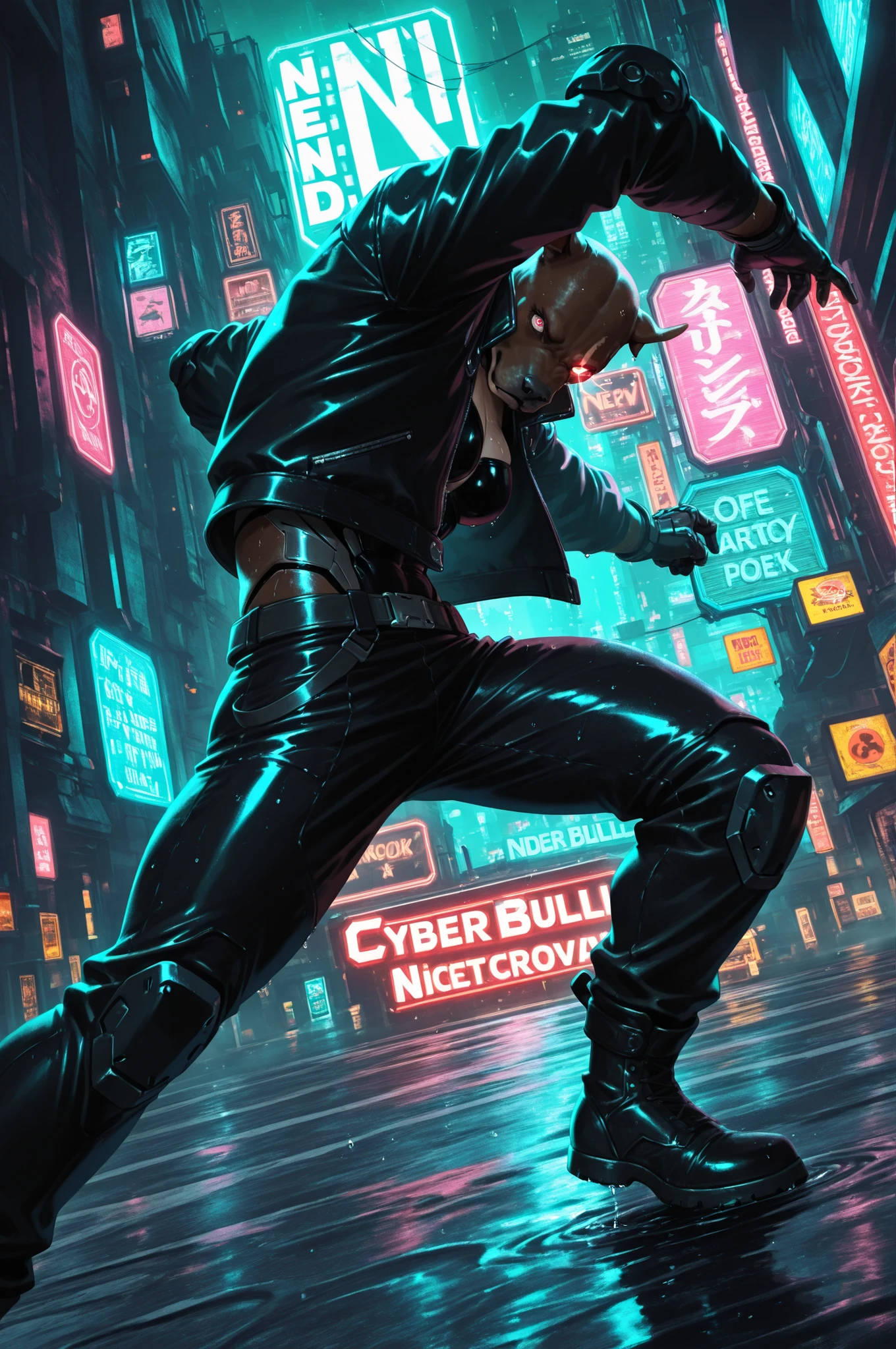 ((anthro pitbull)) woman in a biker jacket. Set against a rainy street filled with neon signs. cyberpunk style, gritty, cybernetics, cyborg, wet, (one) glowing eye, medium closeup, dynamic standing pose, dynamic angle, dramatic lighting, arm0rpunkv4,