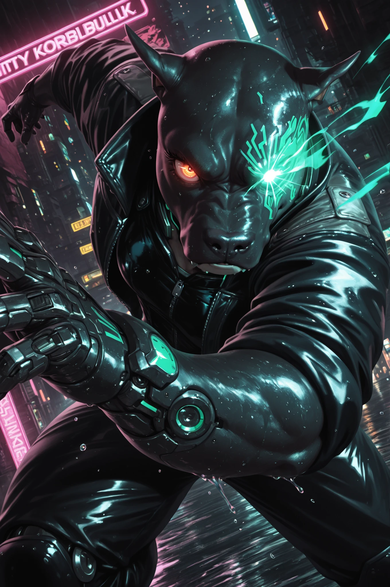 ((anthro)) ((pitbull)) woman in a biker jacket. Set against a rainy street filled with neon signs. cyberpunk style, gritty, cybernetics, cyborg, wet, (one) glowing eye, medium closeup, dynamic pose, dynamic angle, dramatic lighting, arm0rpunkv4,