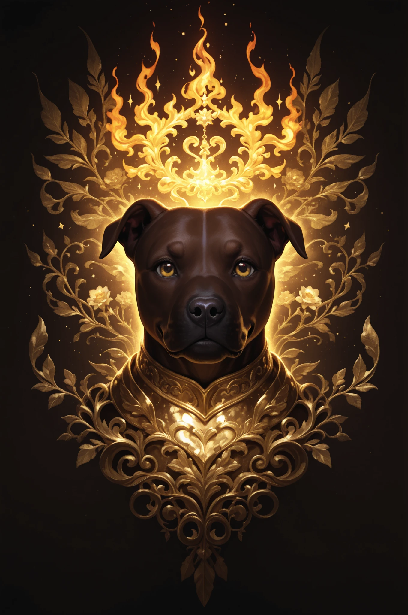 majestic red brown (pitbull dog) in finely detailed gold armor, gold eyes, epic, legendary, happy look, warm open fire in the background, intricate, detailed, classical fantasy, ethereal, magical, dreamlike, surreal, visionary, intricate ornate frame, mythical, mystical, otherworldly, iridescent, luminous, glowing, shimmering, radiant, prismatic, kaleidoscopic, dramatic lighting, moody, atmospheric, painterly, rich colors, vibrant palette, lush, sumptuous