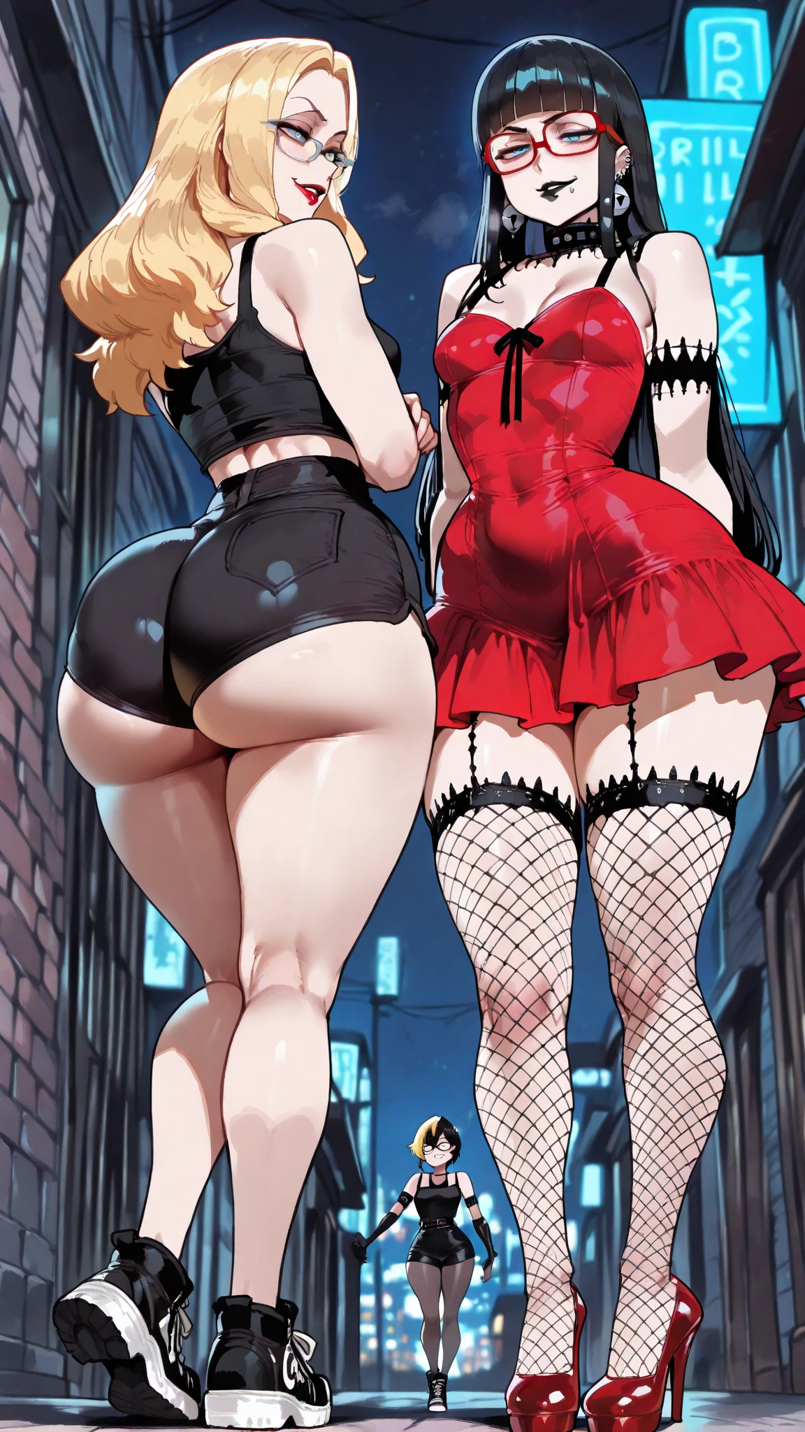 High resolution, Beautiful woman, Attention to detail, Good lighting, Obscene, Hentai, (((Bike Shorts))), (Leather halter top), (Abdominal area only), (Camel Toe), (((Thigh-heeled leather boots))), (Bare thighs), (Wet shorts), (((Be incontinent))), (((Peeing))), (((Peeing on your own))), (Pee running down my legs), Pee stains, (puddle), (Thick thighs), Nice long legs, lipstick, Pretty face, (Full Body Shot), ((In the city park、Embrace each other多くの美しいレズビアン女性たちと一緒に)), Heherz、Camel Toe、Giant tit、Nipple Puffs、Cleavage、Plump、Super big breasts、Super big butt、Kiss、Embrace each other、Drunk、cute、Temptation、lure