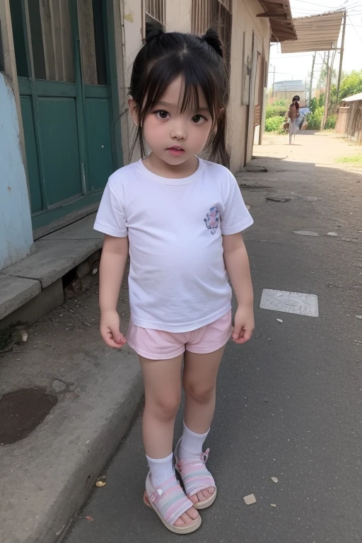 Neko's brown hair is a 10-year-old girl in a black t-shirt and a purple sundress