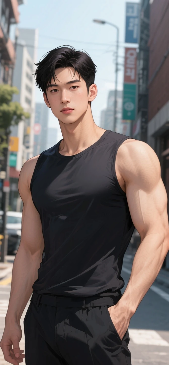 (​masterpiece、muscular beautiful legs:1.2)、(in a street、Lower body photo、Black cargo pants and Converse high-top canvas shoes、beautiful  lighting, Award-winning, Photorealsitic, realistic shadow, Realistic lighting, beautiful  lighting, Ray traching, intricate-detail, sullenness, thirds rule, ​masterpiece, (illustratio:1.1), hight resolution, (extremely details CG, Unity, 8k wallpaper:1.1), A hyper-realistic, ​masterpiece, bokeh dof, ighly detailed, Convoluted, zoomout, colourfull, vivd colour、Beautiful abs、White tank top、ighly detailed、​masterpiece、真实感、A hyper-realistic、hight resolution、zoomout、sullenness、Beautiful fece、ultra-detailliert、Good 、Crisp face