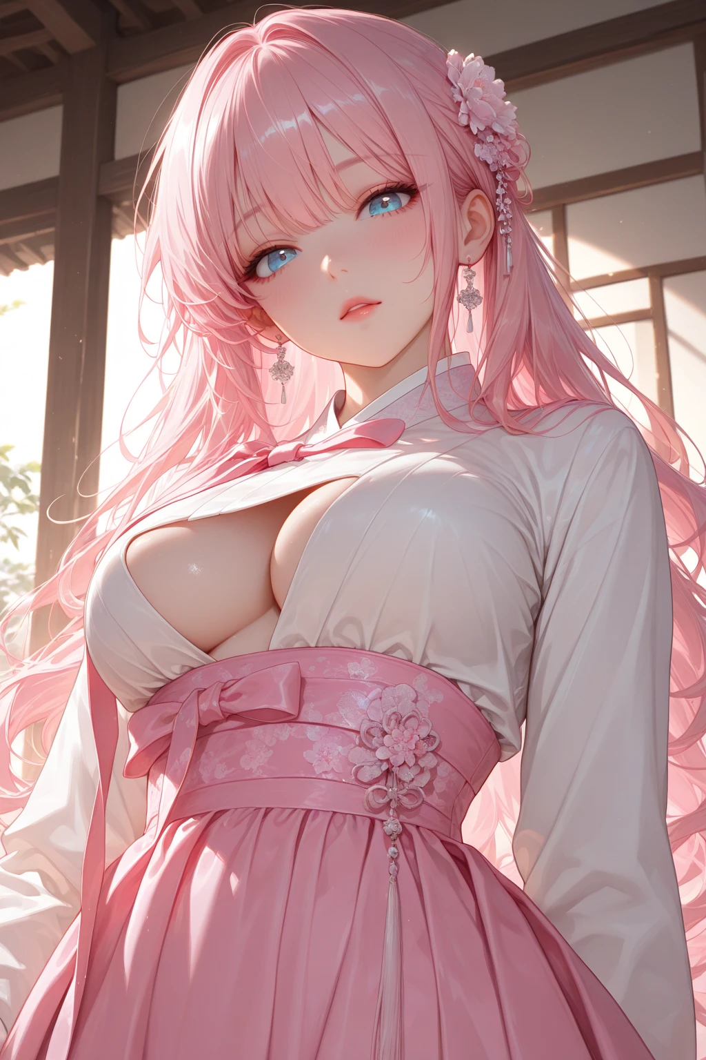 a beautiful detailed woman with long hair,Pink hair, dramatic colors,big breasts, (best quality,4k,8k,highres,masterpiece:1.2),ultra-detailed,HDR,UHD,ultra-fine painting,sharp focus,physically-based rendering,extreme detail description,Fantasy,out door,Cherry blossom ,