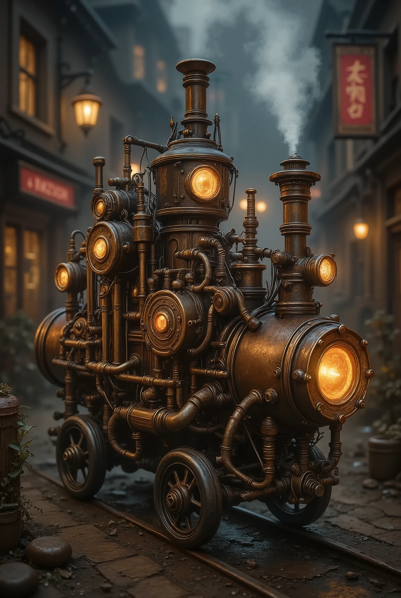 Steampunk Illustration showing a steam-powered vehicle with intricate mechanical elements, gears, and pipes, vibrant and muted colors, browns, and blues, with intricate textures and vibrant colors. The scene should include a rich variety of elements, each contributing to the overall atmosphere. Lighting should be soft, diffused, and natural, enhancing the depth and realism of the scene. The mood is to be calm yet vibrant, creating a sense of serenity and wonder. Every detail in the scene should be meticulously rendered, emphasizing the contrast between light and shadow, and capturing the fine textures and subtle gradients. The color palette should be carefully chosen to evoke emotion, with each hue enhancing the aesthetic appeal of the overall composition. The final image should be immersive and captivating, drawing the viewer into its intricately detailed world.
