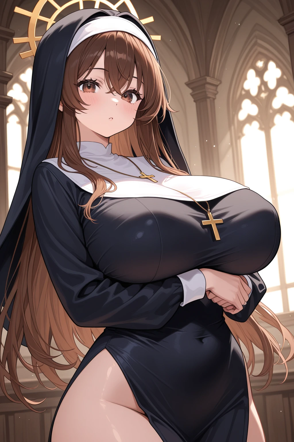 Anime, (destroyed church, collapsed church), {{{multiple girls}}}, brown hair, brown eyes, medium breasts, sideboob, wearing nun's uniform, (torn clothes), no bra, bottomless, show off pussy, disdain, contemptuous, scared, skyporn, on the altar, From above, Nipple Tweaking, Areola,big areolae, puffy niples, nipples through, ((best quality)), spread pussy, sexual fluid, pussy juice, gleaming skin, drooling, dirty