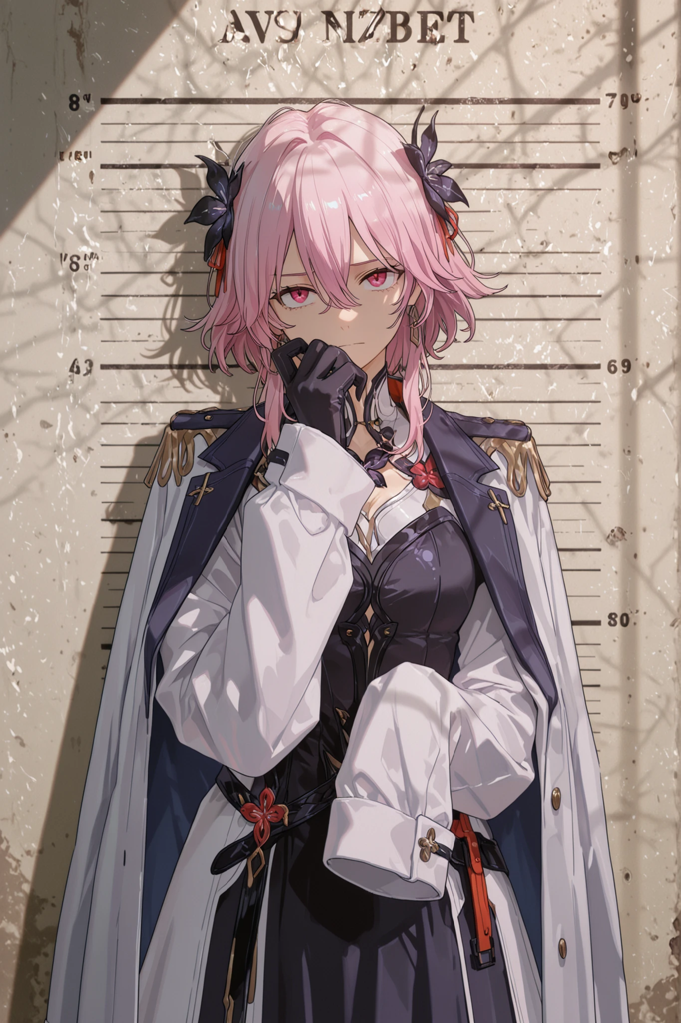 mugshot wall, , l1mbu5v3ll,(looking at viewer, medium shot:1.22), (medium shot, three quarter shot:1.3), (1girl:0.95), solo, masterpiece, best quality, amazing quality, very aesthetic, high resolution, ultra-detailed, (soft shading, soft shadows, volumetric light:1.14), coat on shoulders, sleeves past fingers, epaulettes, march 7th, pink hair, black flower, red eyes, vicious expression, camellya, Wuthering Waves, Dark street, top lighting