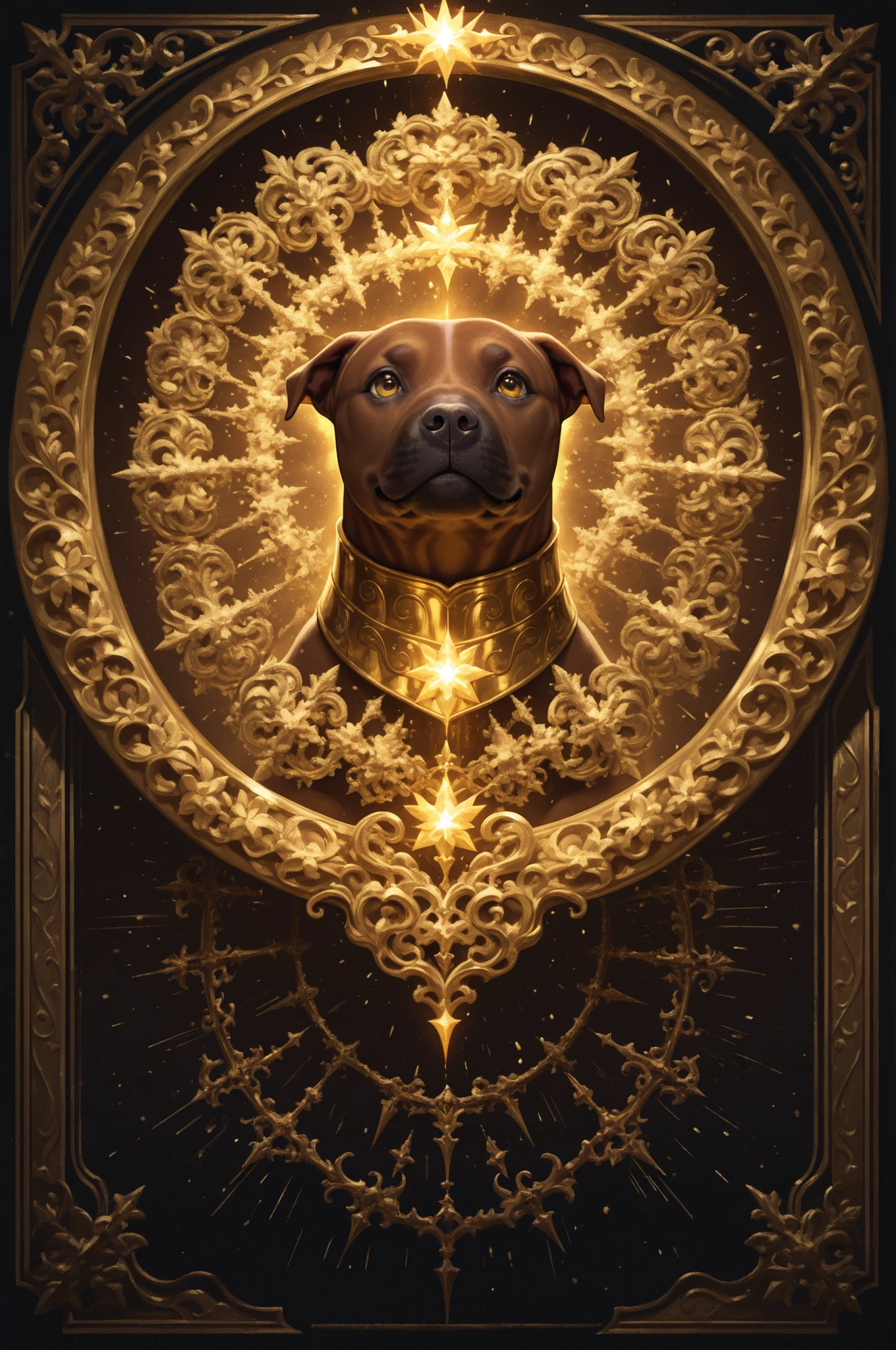 majestic tan (pitbull dog) in finely detailed gold armor, gold eyes, epic, legendary, happy look, warm open fire in the background, intricate, detailed, classical fantasy, ethereal, magical, dreamlike, surreal, visionary, intricate ornate frame, mythical, mystical, otherworldly, iridescent, luminous, glowing, shimmering, radiant, prismatic, kaleidoscopic, dramatic lighting, moody, atmospheric, painterly, rich colors, vibrant palette, lush, sumptuous