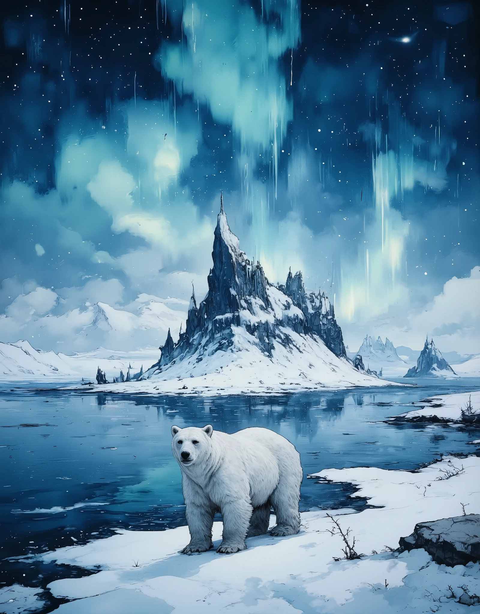 A polar bear stands on the shore of a snowy and deserted Arctic uninhabited island. The northern lights are in the sky.