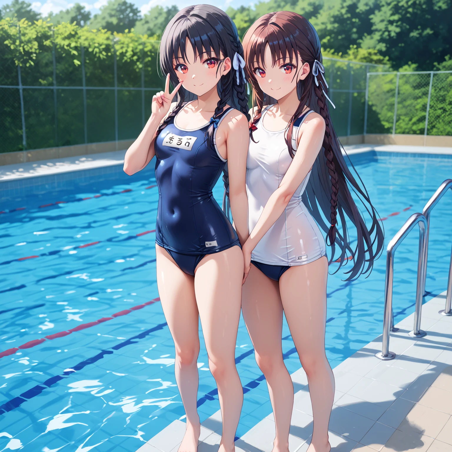 (NSFW:1.4), masterpiece, (realistic, photo realistic:1.2), ((highest quality), extremely fine and beautiful, beautiful face details, real human skin, realistic, photorealistic, 2girls, (Elementary school students:1.3), smile on face, cow-boy shot, Hair braided. School swimsuit, tiny breasts, sitting, Spread legs, pool, wind